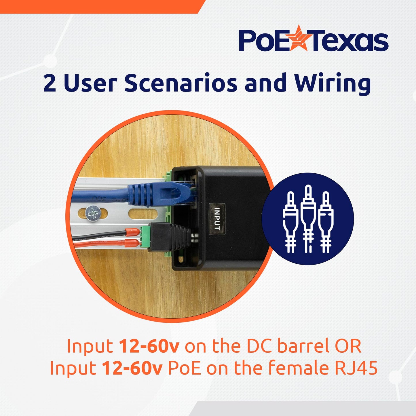 PoE Texas 24 Volt Passive PoE Injector (Mode B) - DC-Powered Gigabit Inline Converts 12-60V in to 24 Volt Passive PoE Out Up to 30 Watts - Variable DC