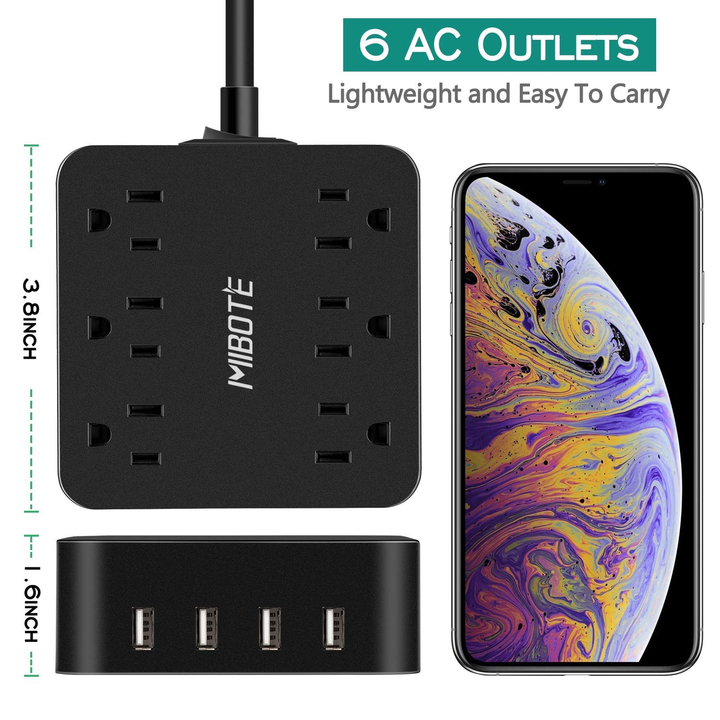 Power Strip with USB, MIBOTE 6 AC Outlet with 4 Port USB Surge Protector Power Strip Charger 5ft Power Cord 1875W 100-240V for Travel, TV, Computer