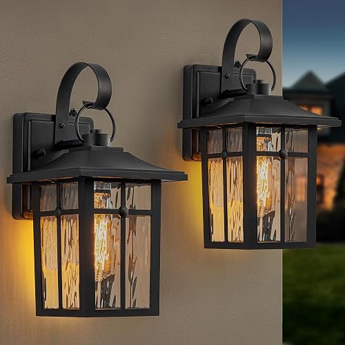 Lawyettle 2 Pack Dusk to Dawn Outdoor Wall Lights, Aluminum Exterior Light Fixtures Wall Mount with Ripple Glass, Waterproof Black Porch Lights
