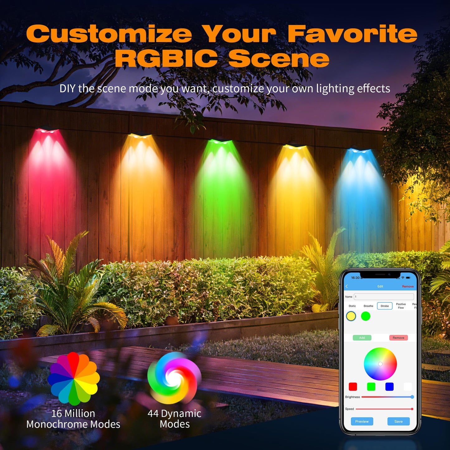 Updated 2026 Outdoor Fence Lights,Smart App&Remote Control 8 Packs Plug-in Color Changing String Lights 50ft with Timer,RGBIC IP67 Waterproof Outdoor