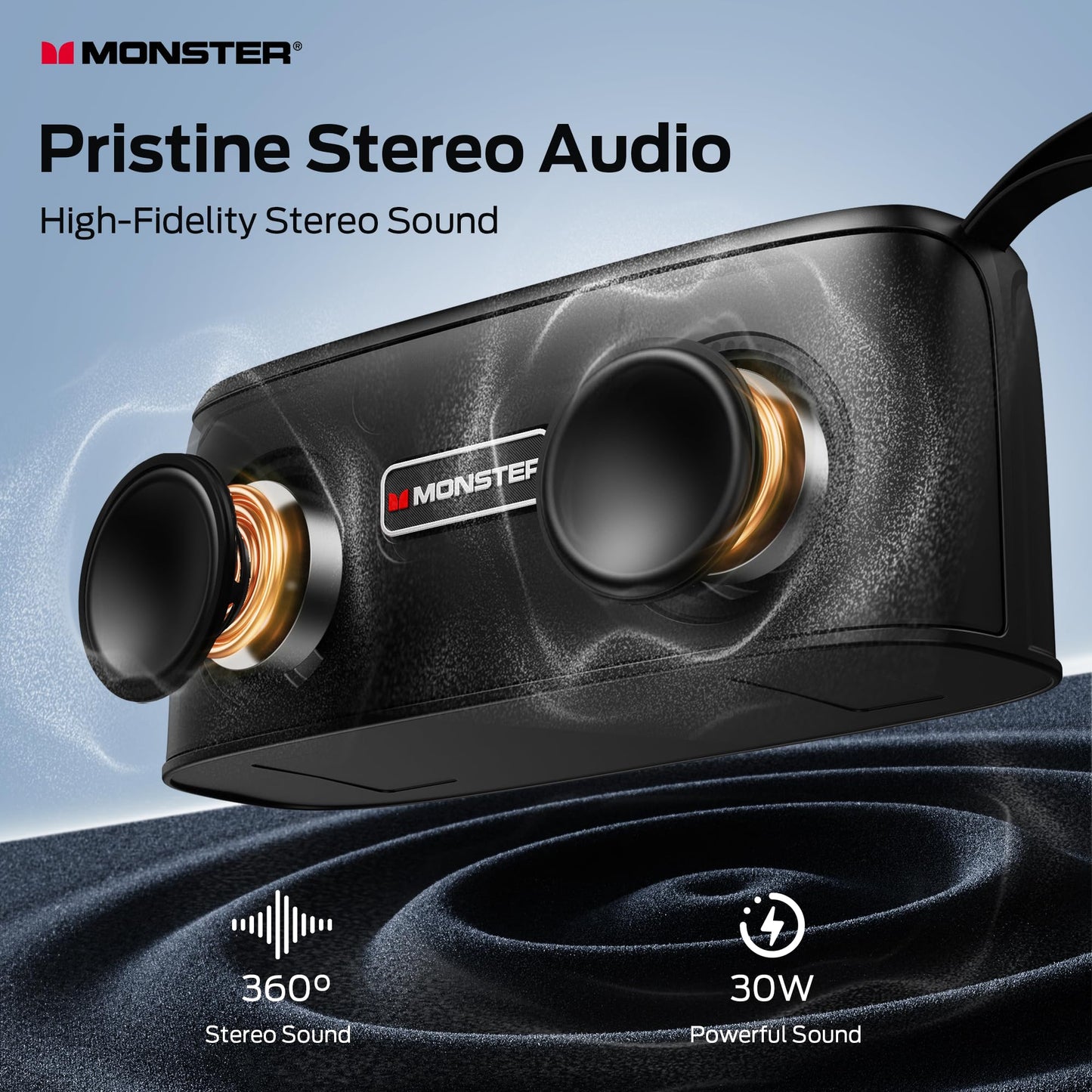 Monster Shock Portable Bluetooth Speaker, True Wireless Speaker, 30W Loud Stereo Sound, IPX6 Waterproof