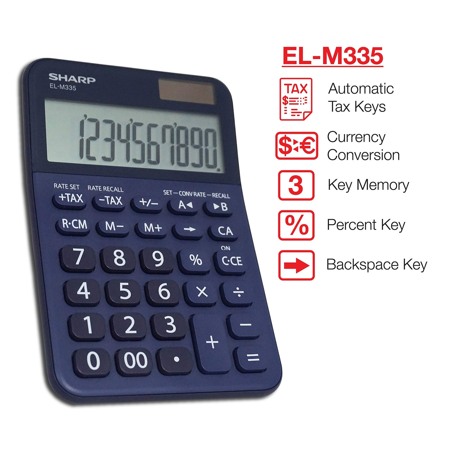 Sharp EL-M335 10-Digit Extra Large Desktop Calculator with Currency Conversion Functions, Tax, Percent and Backspace Keys, and a Large Angled LCD