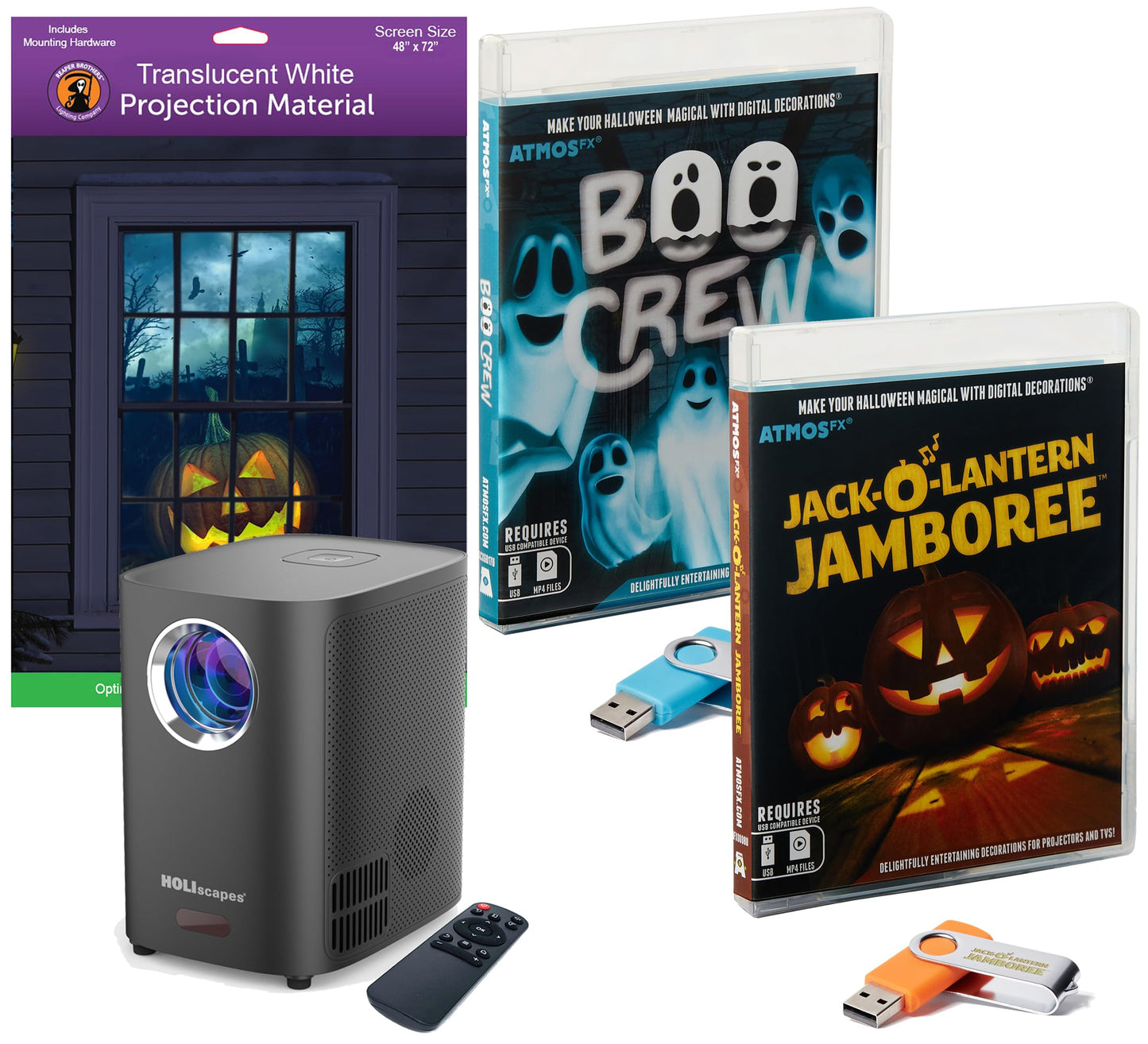 HoliScapes® USB Projector Kit - AtmosFx Boo Crew plus Jack-O-Lantern Jamboree on USB + Projector + 48" x 72" Large White Holographic Screen