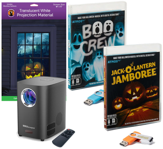 HoliScapes® USB Projector Kit - AtmosFx Boo Crew plus Jack-O-Lantern Jamboree on USB + Projector + 48" x 72" Large White Holographic Screen
