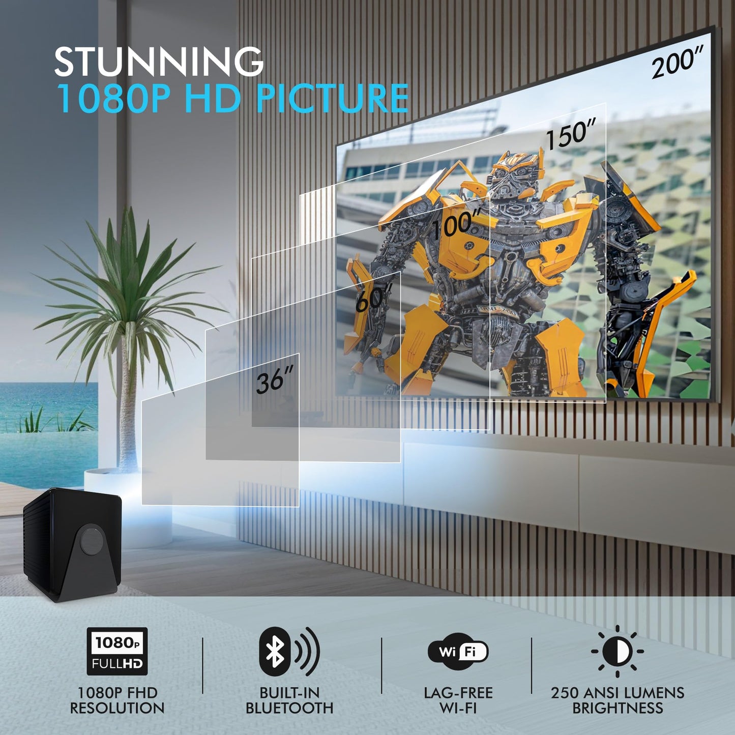RCA Smart mini projector | 1080P Portable Projector with Wifi and Bluetooth | Movie Projector with Tilt Stand | Adjustable Screen Size