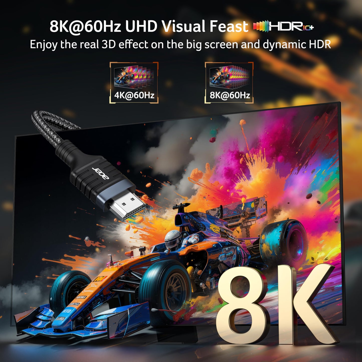 Acer 8K HDMI 2.1 Cable 6.6FT, 48Gbps Ultra High-Speed Braided Cord Supports 8K@60Hz, 4K@120Hz, HDR10+/HDCP 2.2 & ARC/eARC, Certified HDMI Cable
