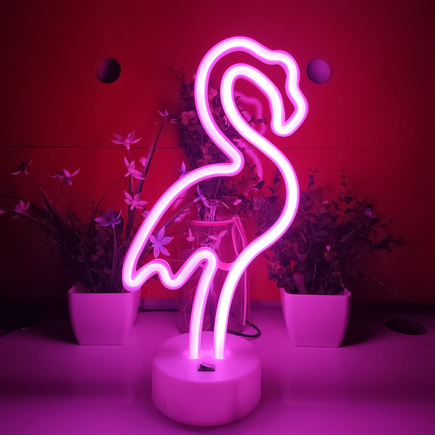JYWJ Flamingo Neon Sign with Holder Base,USB or 3-AA Battery Powered Neon Light,LED Desktop Wall Decoration,Various Parties,Decoration of Business