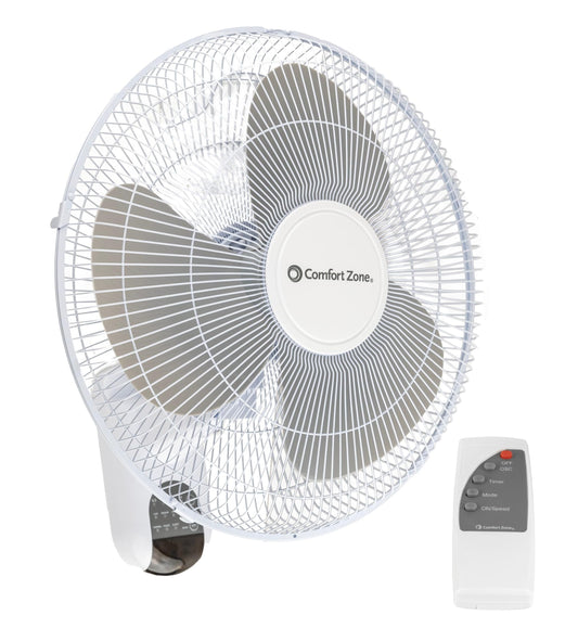 Comfort Zone Oscillating Wall Mount Fan with Remote Control, Timer, Auto Shut Off, Adjustable Tilt, Quiet, 16 inch, 3 Speed, Ideal for Home, Bedroom