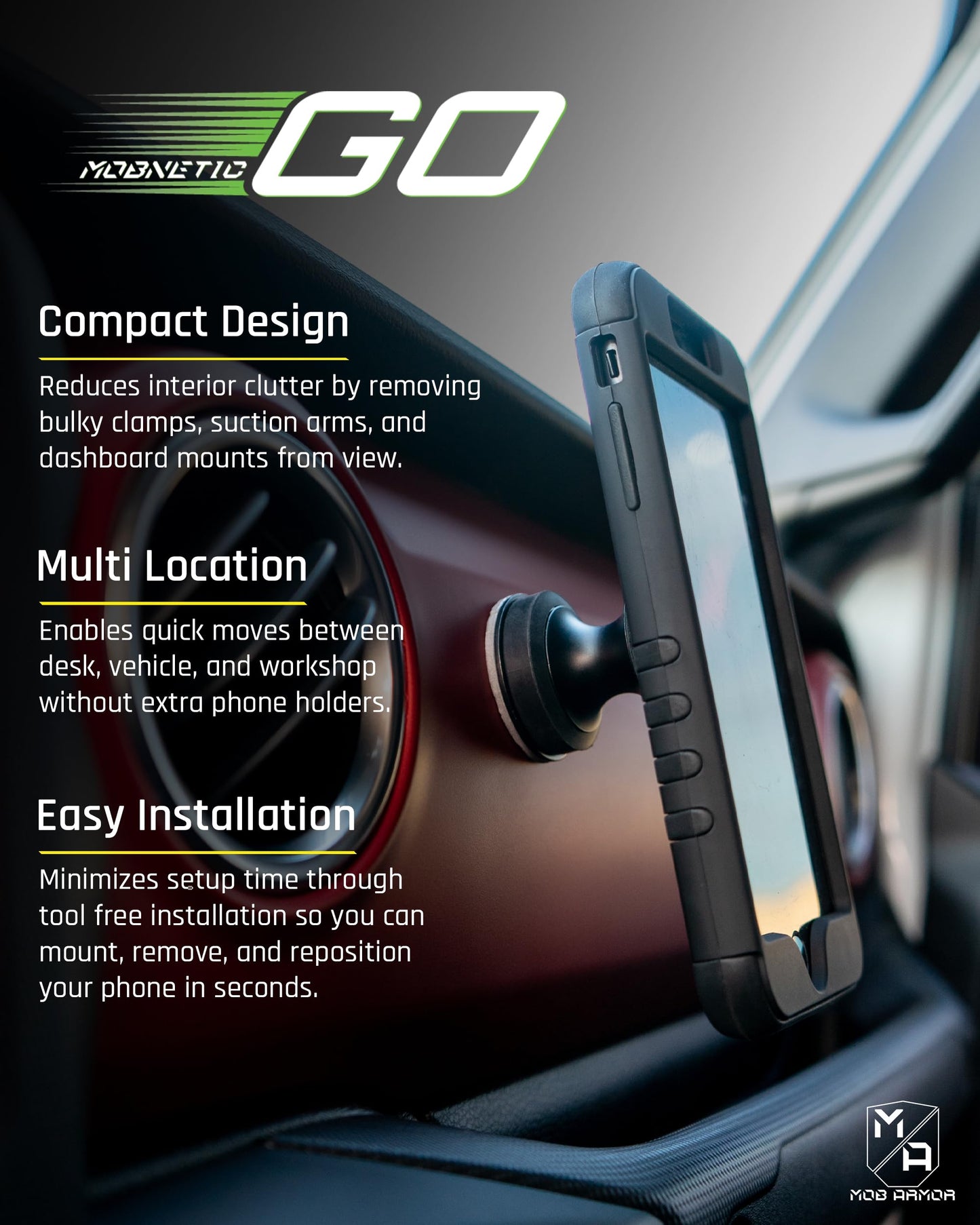 Mob Armor MobNetic Go Magnetic Phone Car Holder with Metal Plate - Strong Magnetic Base, Aircraft Grade Aluminum, Car Dashboard & Metal Surface Mount