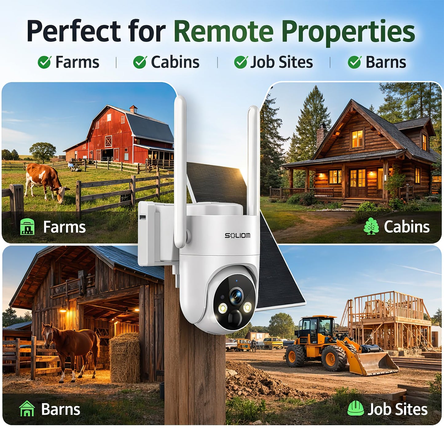 SOLIOM 4G LTE Cellular Security Camera, No WiFi Security Camera for Remote Areas, Solar Powered Wireless Outdoor Camera, 2K Color Night Vision, 360°