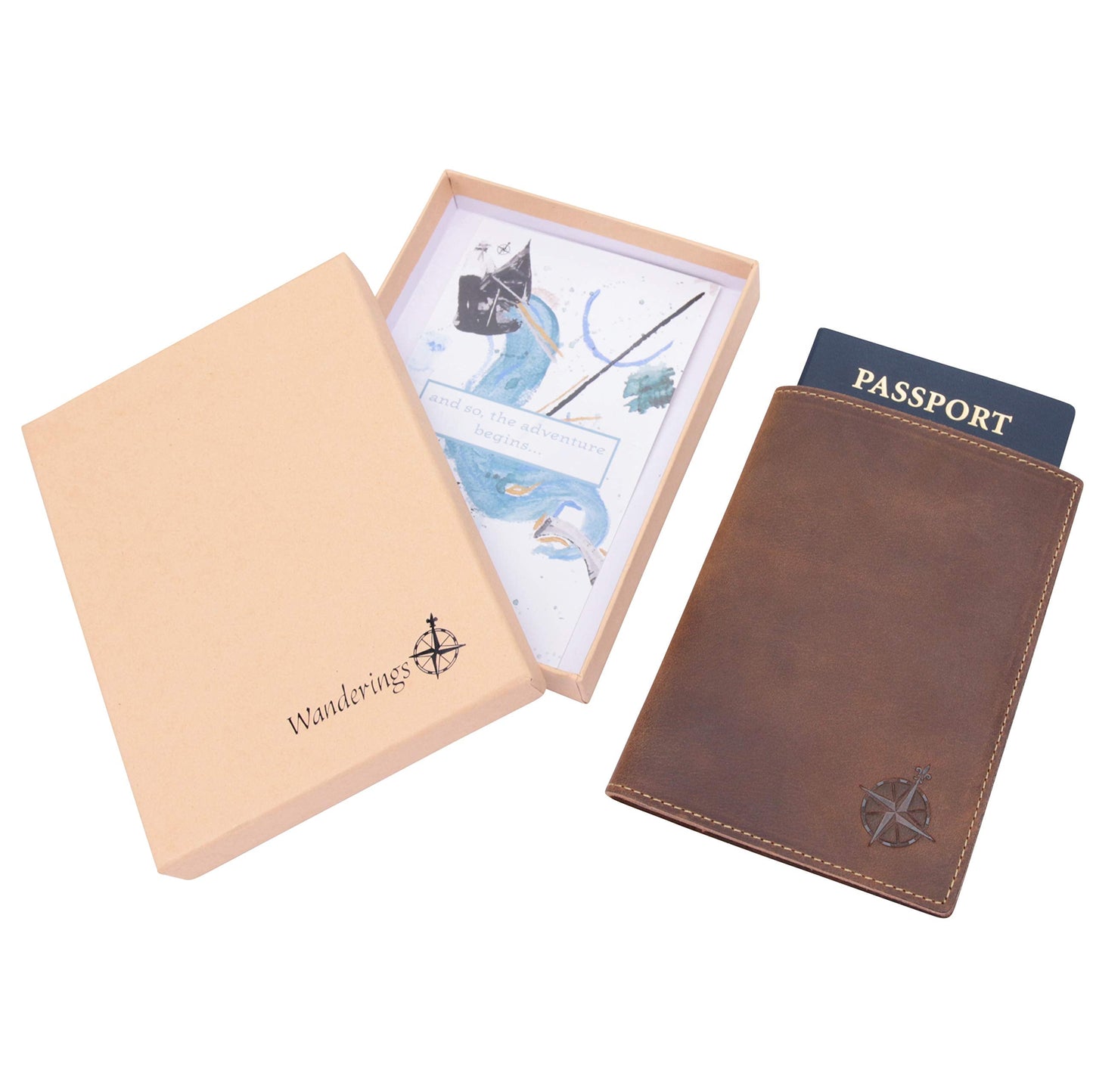 WANDERINGS Leather Travel Wallet – RFID Blocking Passport Holder Case for Men & Women, Genuine Leather Folding Passport Wallet 5.5'' x 4''