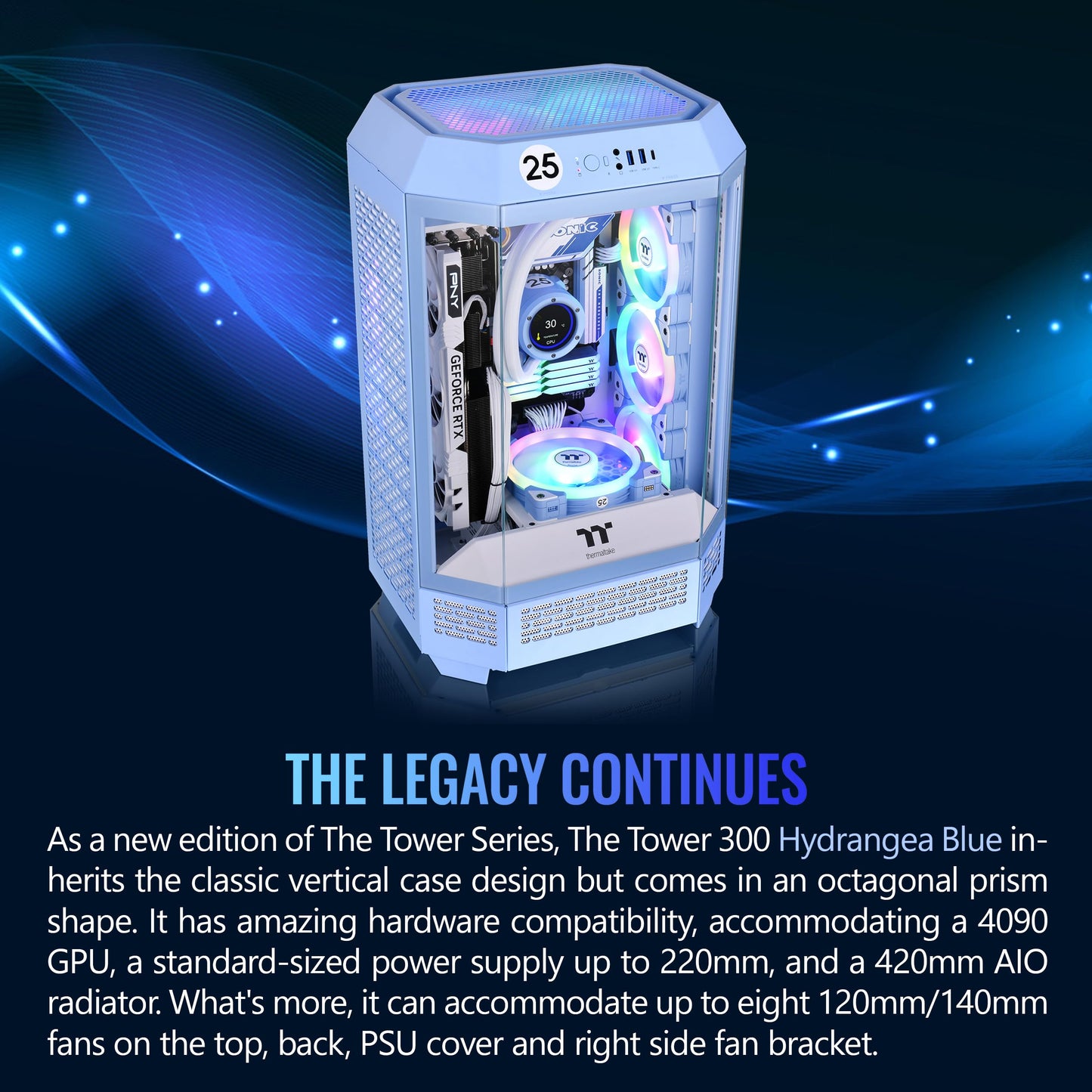 Thermaltake Tower 300 Hydrangea Blue Micro-ATX Case; 2x140mm CT Fan Included; Support Up to 420mm Radiator; Optional Chassis Stand Kit Allows