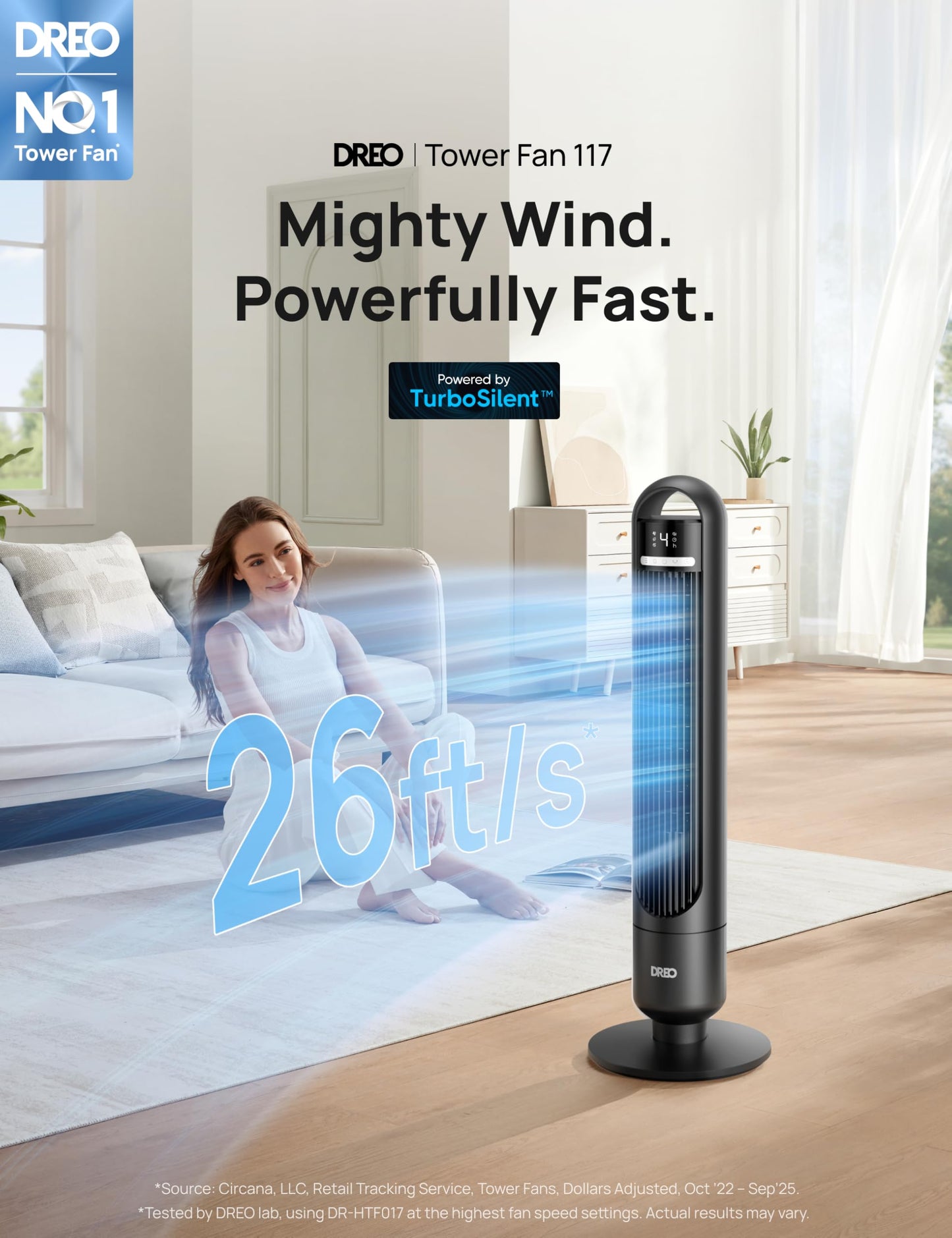 DREO Tower Fan for Bedroom, 26ft/s Velocity, 90° Oscillating, 8H Timer
