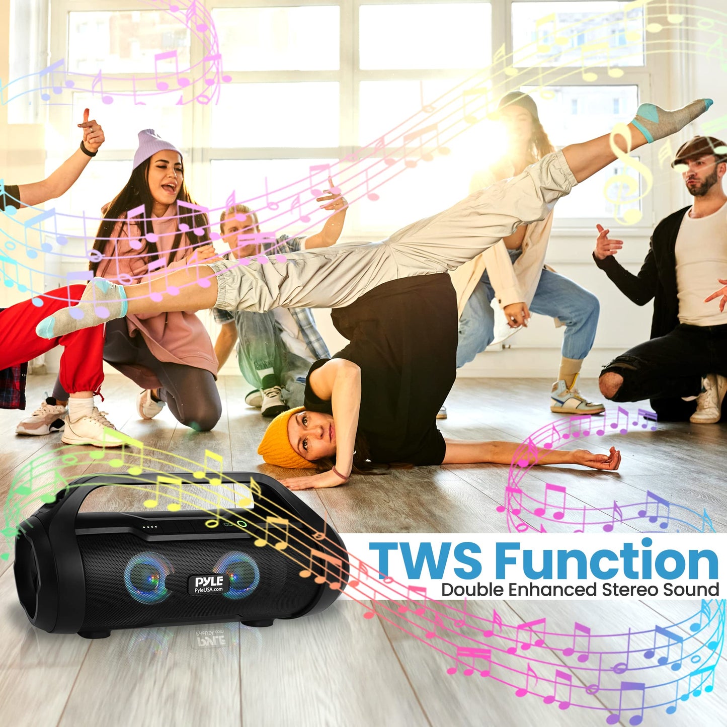 Pyle Portable Bluetooth Boombox Speaker - 40W Max Power, 2.0 Channel Rechargeable Barrel Style Speaker with TWS, LED Lights - AUX In, USB-C, MicroSD