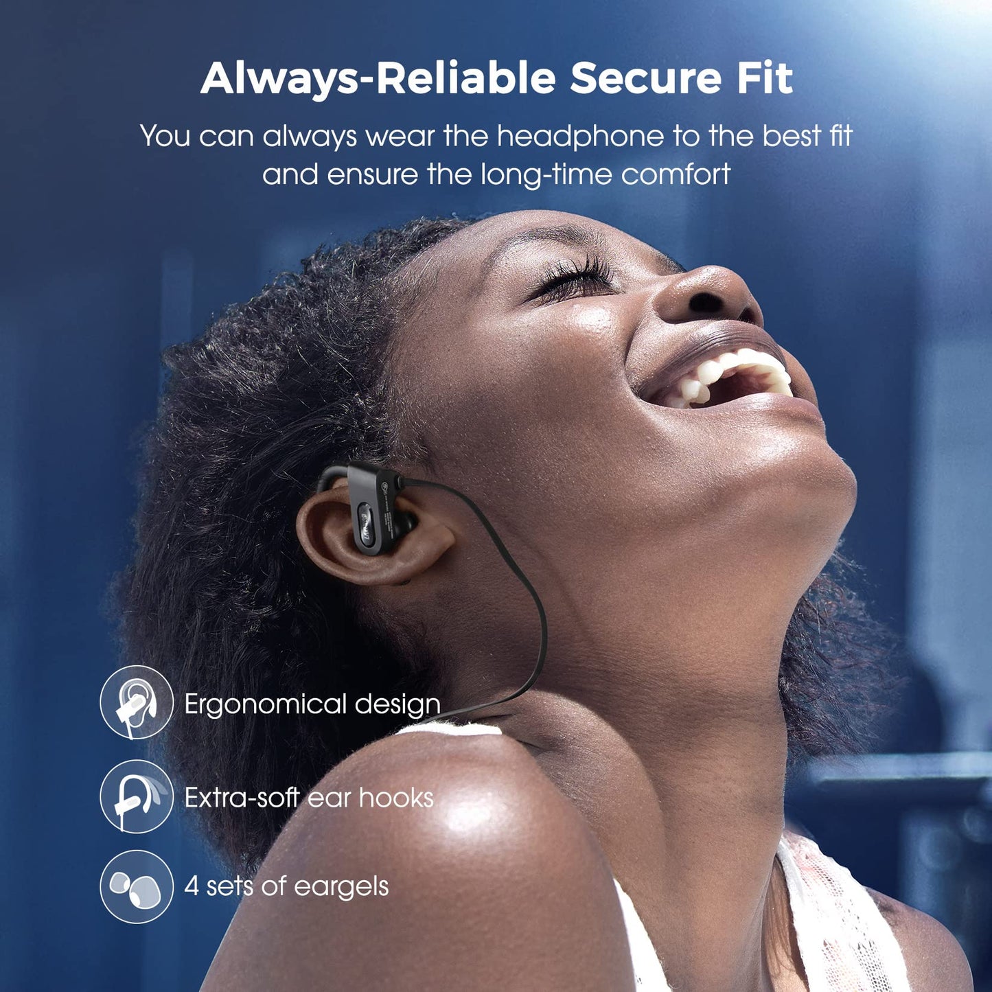 Lakukom Bluetooth Headphones, Deep Bass Wireless Running Headphones w/16 Hrs Playtime, Bluetooth Earbuds in-Ear w/Earhooks, IPX7 Waterproof Sports