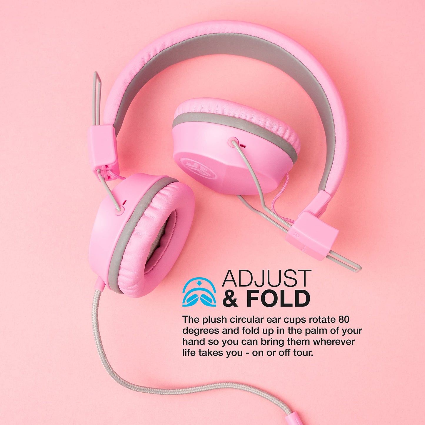 JLab JBuddies Studio on-Ear Kids Wired Headphones with mic, Volume Limiter, Foldable, Adjustable, Noise Isolation, Pink