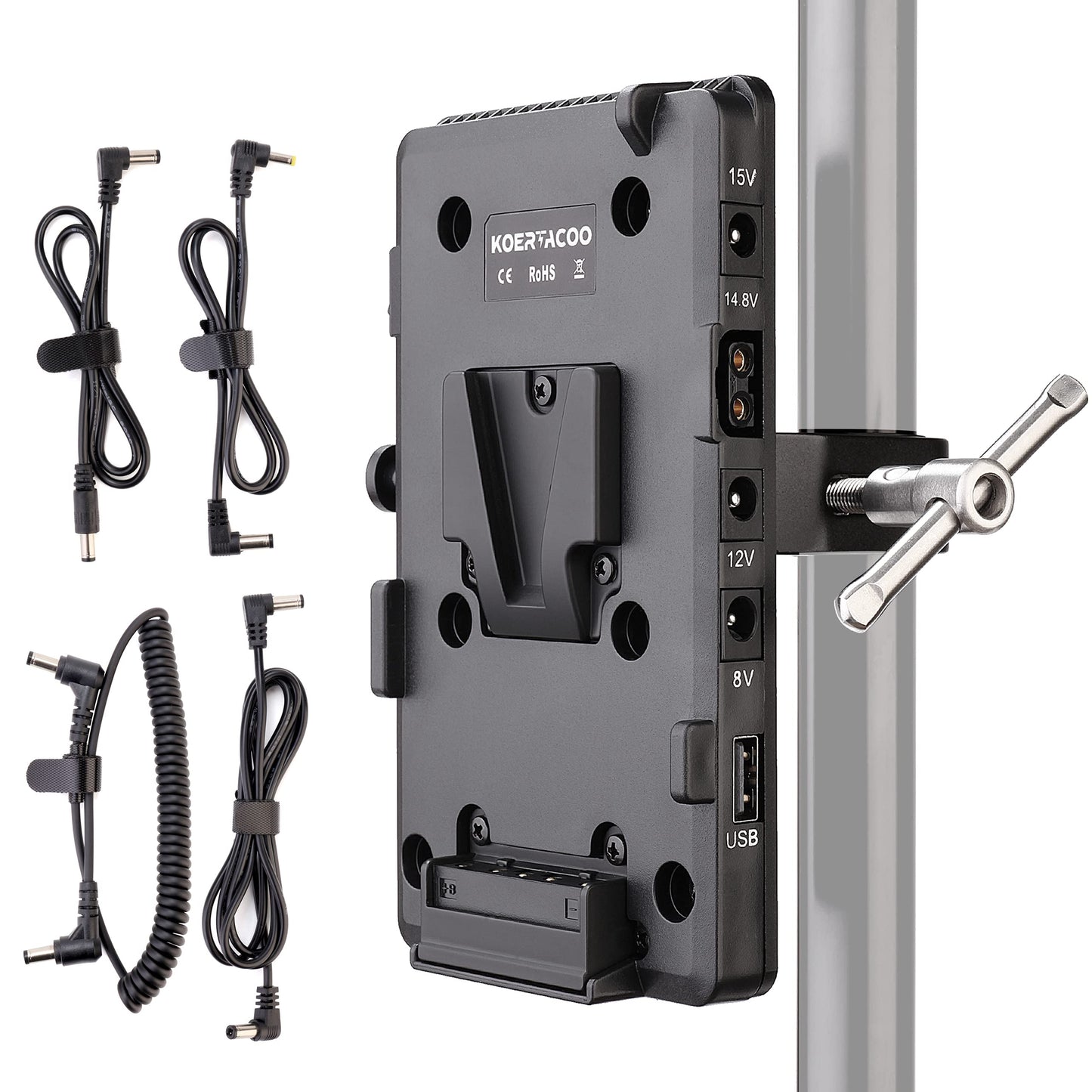 KOERTACOO V-Mount Lock Battery Plate Power Supply Adapter + Super Clamp for Lighting Stand,Tripod, Support Rod.with D-TAP/DC/USB Power Output