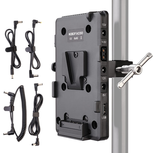 KOERTACOO V-Mount Lock Battery Plate Power Supply Adapter + Super Clamp for Lighting Stand,Tripod, Support Rod.with D-TAP/DC/USB Power Output