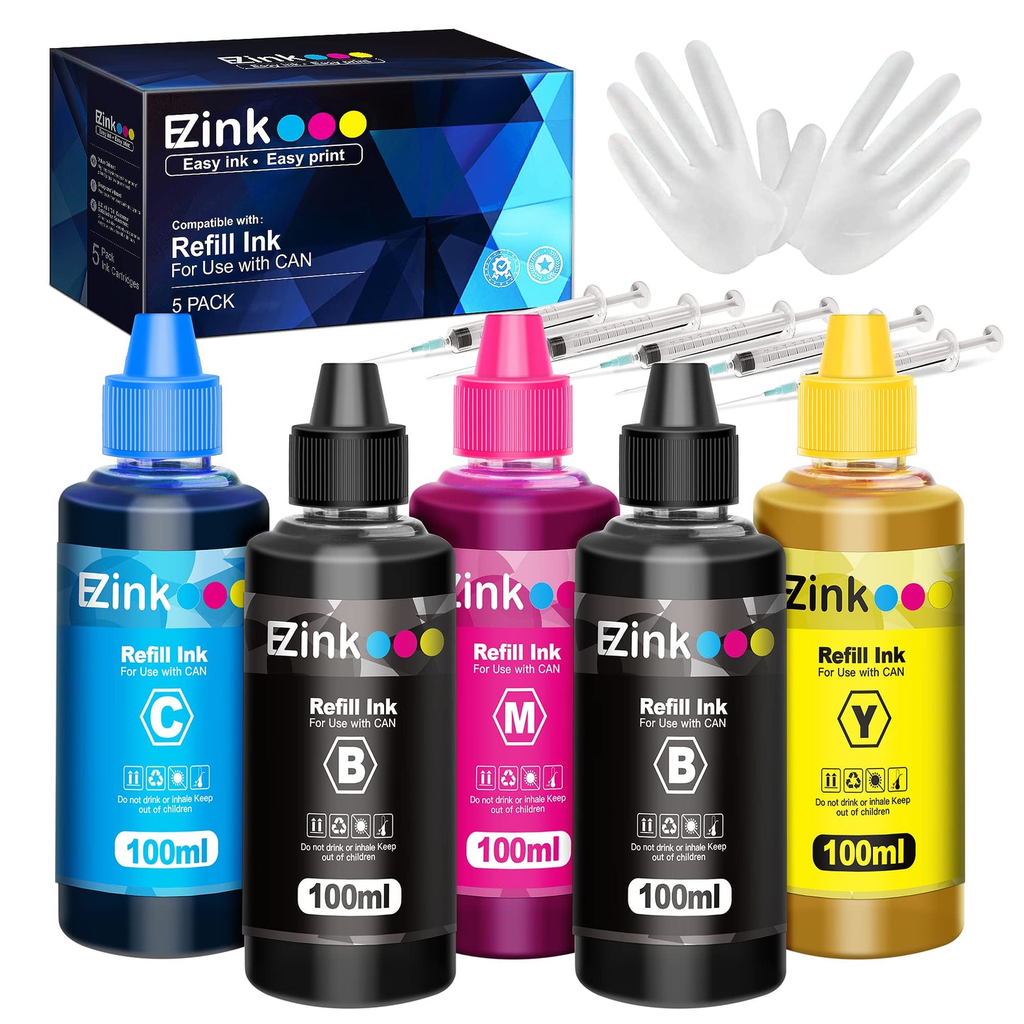 E-Z Ink (TM Refill Ink 5x100ml for CAN 250 251 270 271 280 281 225 226 1200 2200 PG210 PG245 CL246 PG240 CL241 Refillable Ink Bottle Compatible