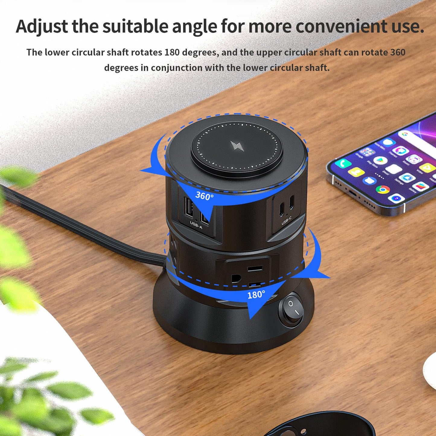 Power Strip Tower 1875W 15A with 15W Magnetic Wireless Charger, Dual-Layer Rotatable Design, 540 Joules Surge Protector Tower with 6 AC Outlets and 4