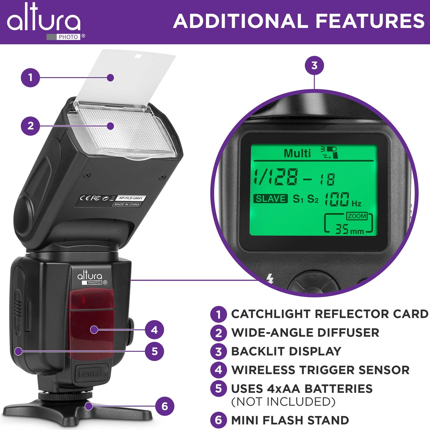 Altura Photo Camera Flash with LCD Display for DSLR & Mirrorless Cameras - External Speedlite Featuring a Standard Hot Shoe, Universal Speedlight