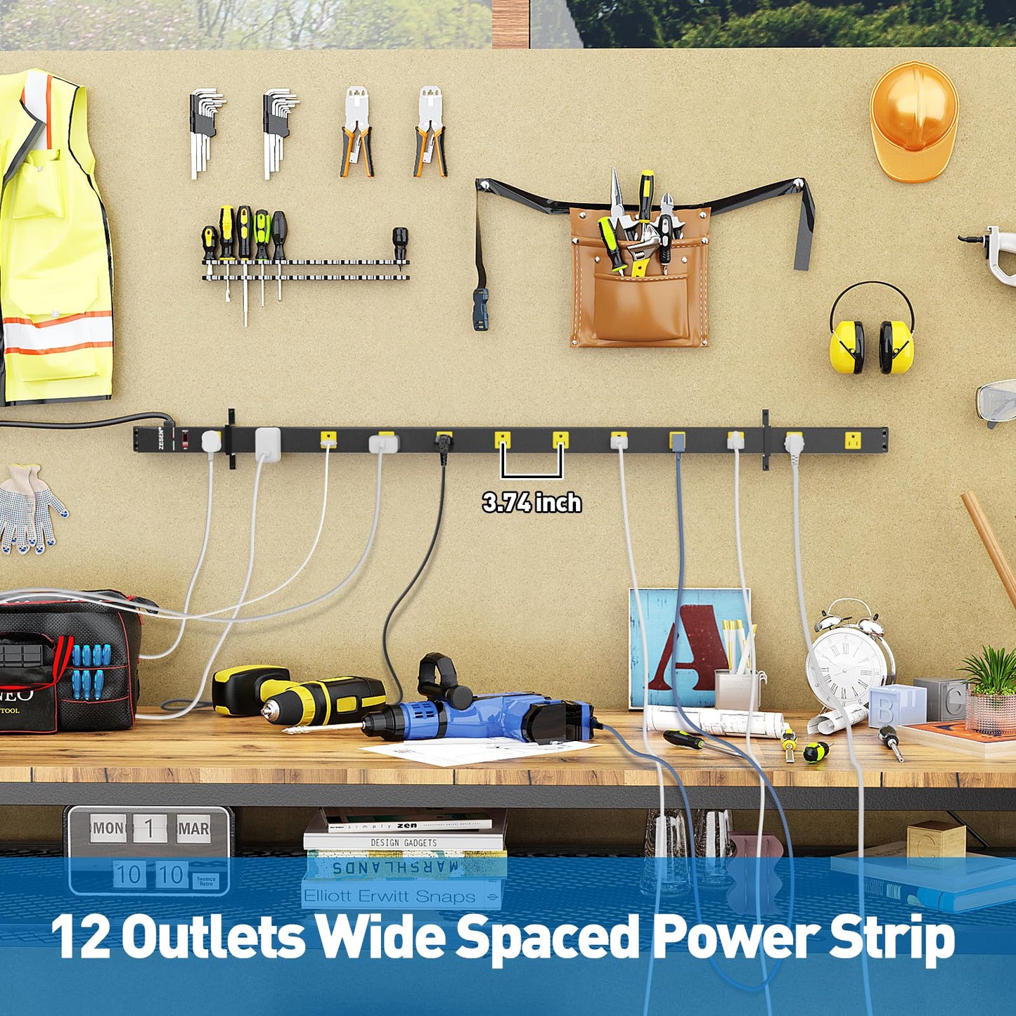 12 Outlet Long Power Strips Heavy Duty Wide-Spaced Outlets Industrial Power Strip Surge Protector with 4ft Cord for Garage Workshop Office Home, ETL