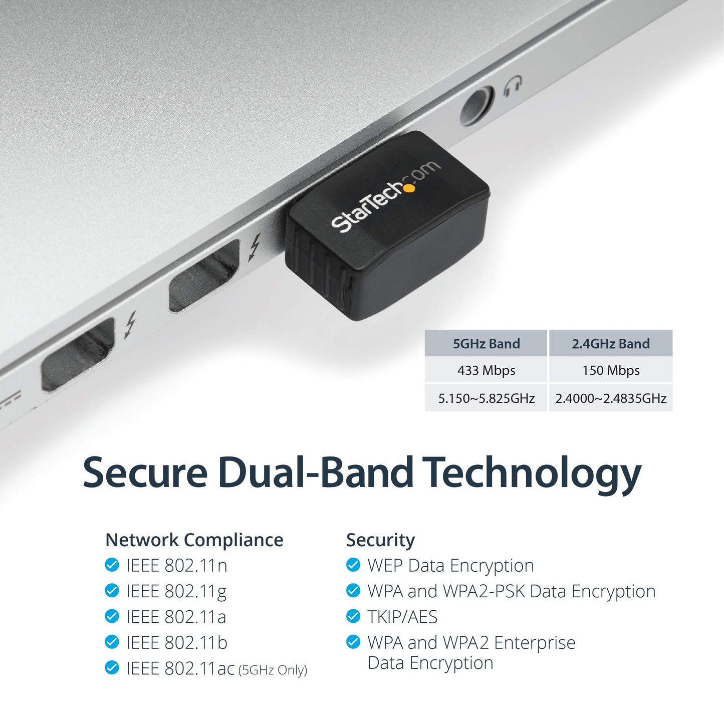 StarTech.com Wireless USB WiFi Adapter - Dual Band AC600 Wireless Dongle - 2.4GHz / 5GHz - 802.11ac Wi-Fi Laptop Adapter (USB433ACD1X1)