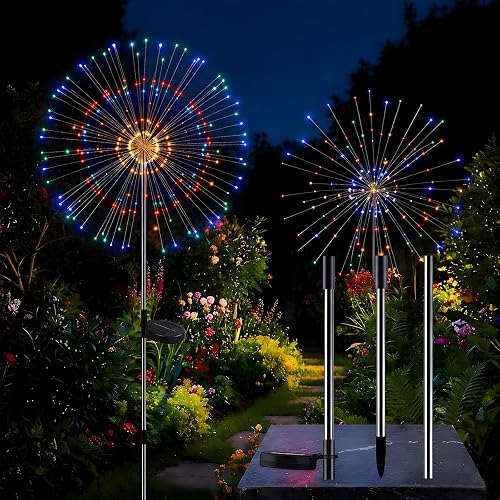 colcutee 2 Pack Solar Firework Lights Outdoor, Adjustable 32" to 51" Extra Tall, 200 LED Stainless Steel 3-Section Pole, 8 Modes Waterproof Starburst