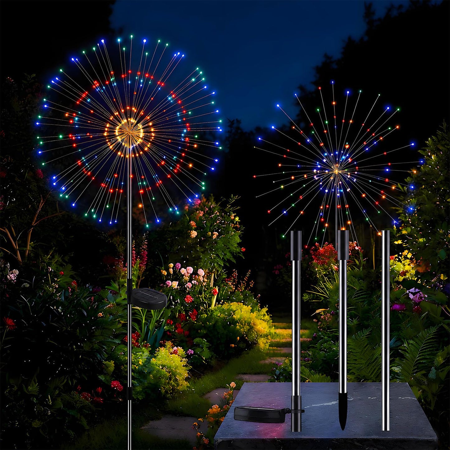 colcutee 2 Pack Solar Firework Lights Outdoor, Adjustable 32" to 51" Extra Tall, 200 LED Stainless Steel 3-Section Pole, 8 Modes Waterproof Starburst