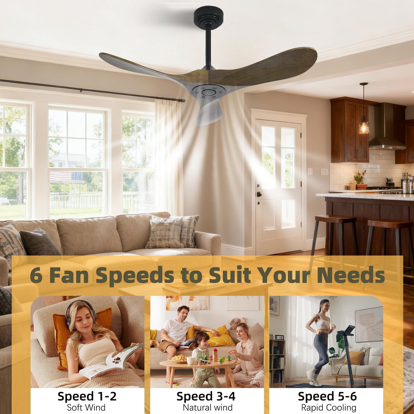 Homlit Outdoor Ceiling Fan Without Light, 42Inch Smart Ceiling Fan with Remote & Voice Control for Compatible with Alexa/Google, 3-Blade Wood Fan