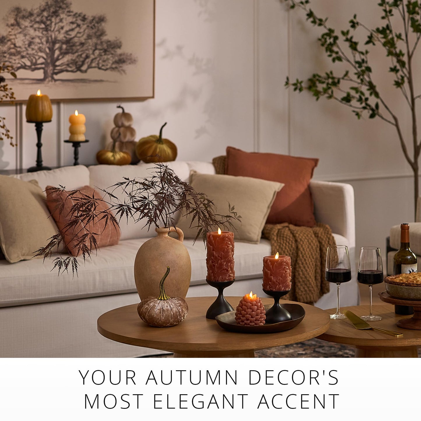 Luminara Flameless Caramel Cafe Embossed Leaves 3.5" x 4.5" Pillar, Battery Operated & Timer Function, Fall Decorations Indoor Candle Moving