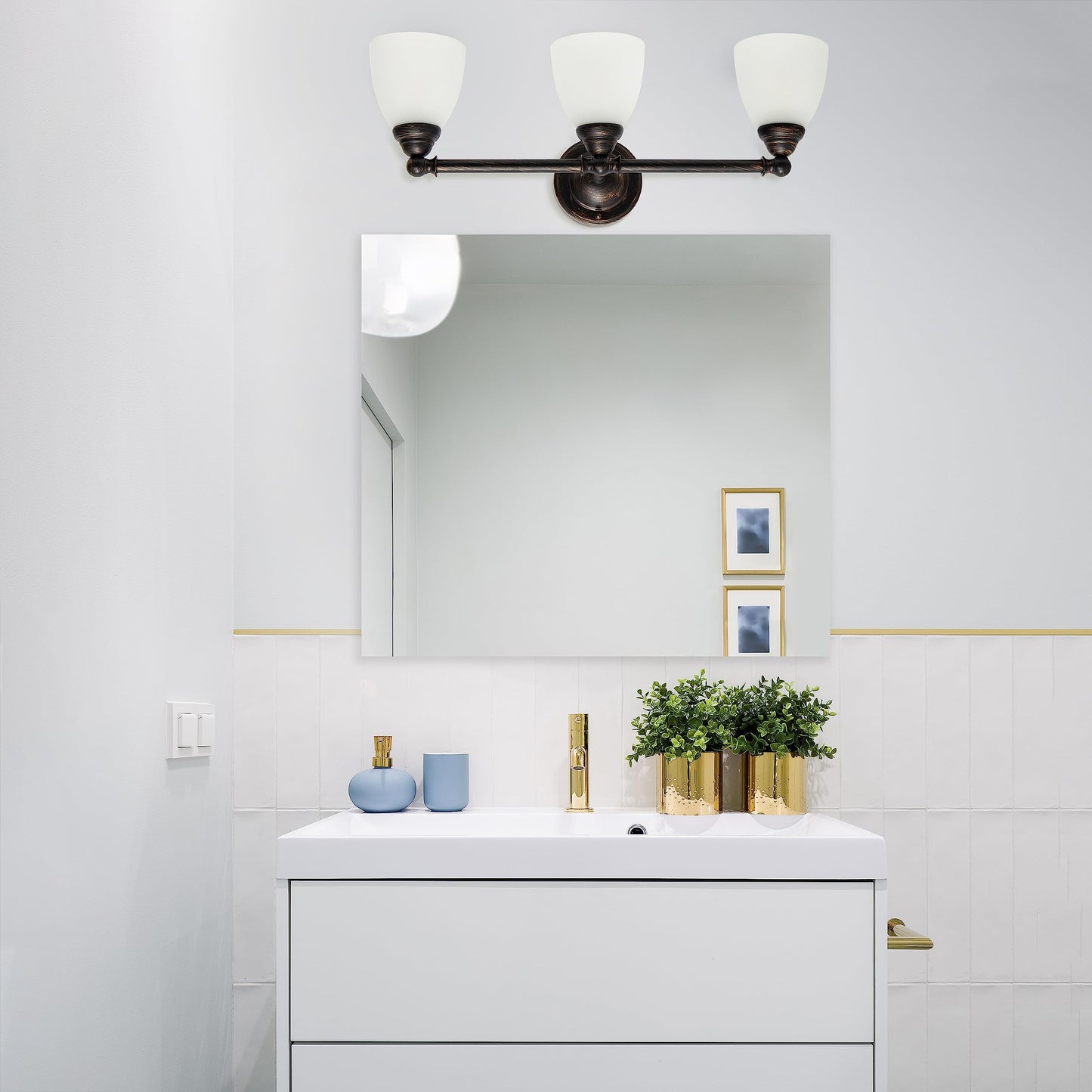 Simple Designs VT1025-ORB 25" Classic 3 Light Metal Bar and Frosted Cone Shape Glass Shades Decorative Wall Mounted Vanity, Oil Rubbed Bronze