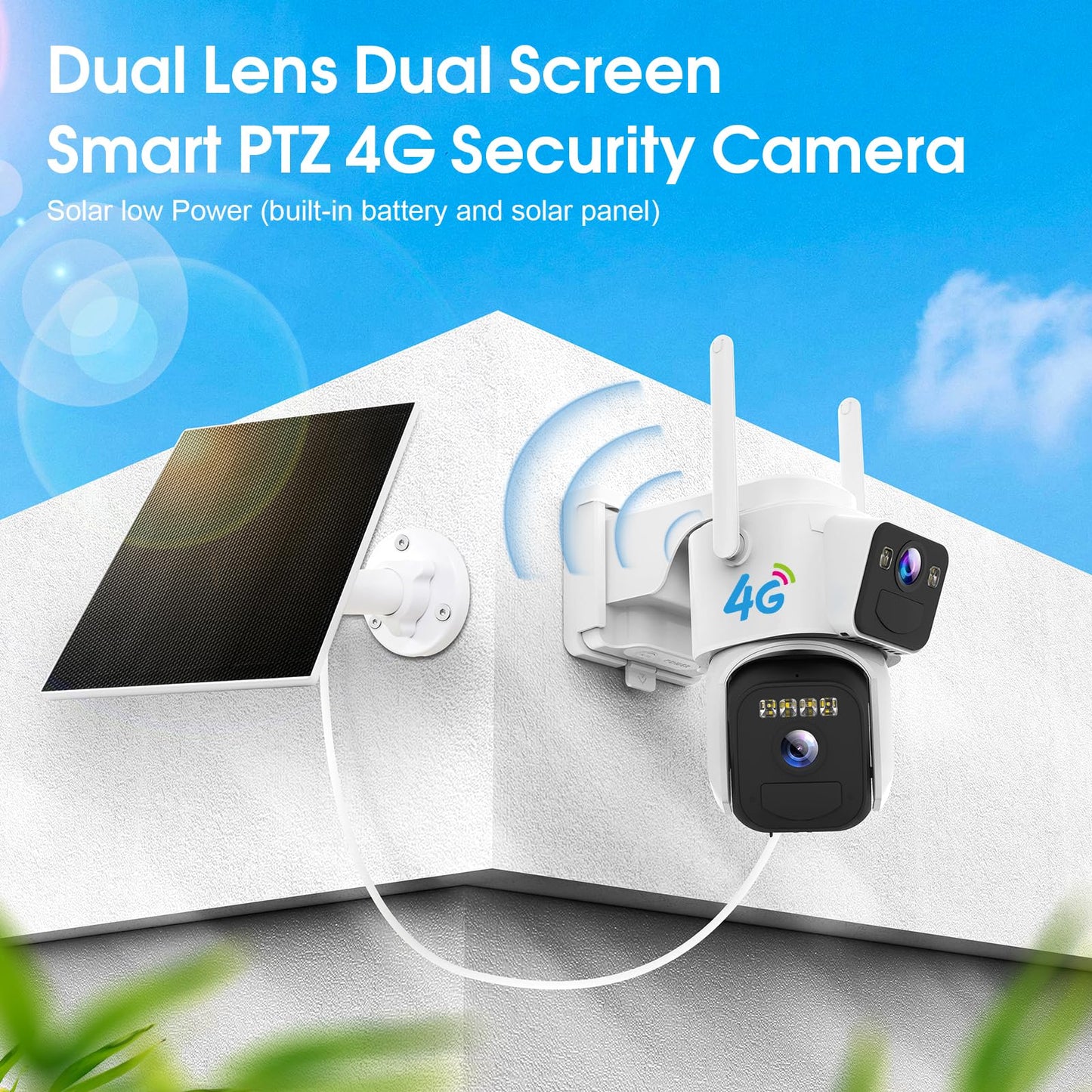 COOHILIGH Dual Lens Dual Screen 2K Solar Security Camera Wireless Outdoor 360° View Battery Powered Camera with Spotlight Color Night Vision, PIR