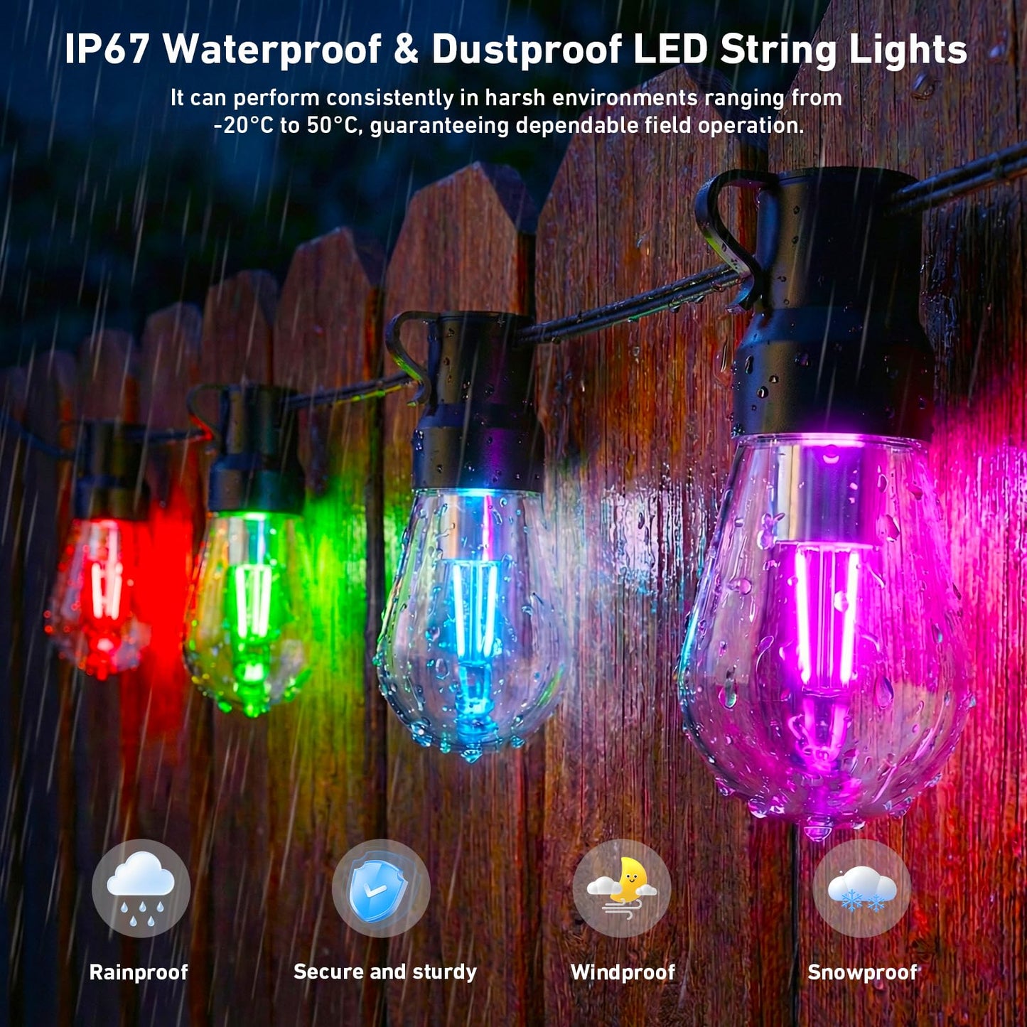 Outdoor String Lights,200FT Smart RGB+IC Patio Lights with Shatterproof LED Bulbs ,Outside Light Dimmable Patio for Decor DIY IP67 Waterproof