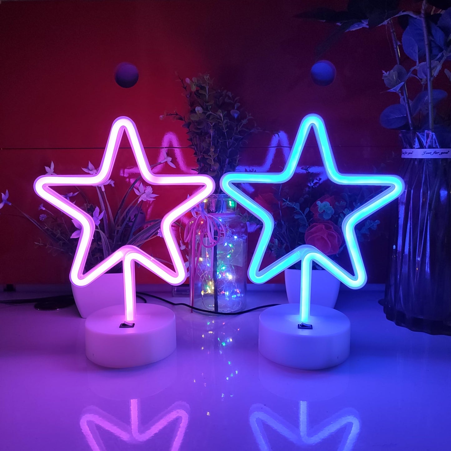 JYWJ Star Neon Signs with Holder Base,USB or 3-AA Battery Powered Neon Light,LED Desktop Wall Decoration,Various Parties,Decoration of Business