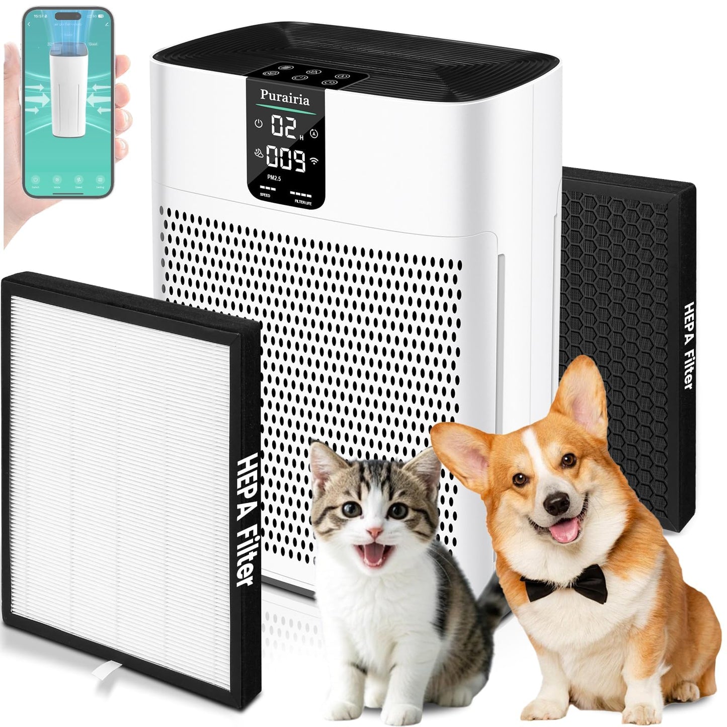 Purairia Air Purifier for Home Bedroom Large Room Up to 2400 Ft²,HEPA Air Purifier 15dB Quiet Sleep Mode. Smart Air Purifiers with App for Pet Hair