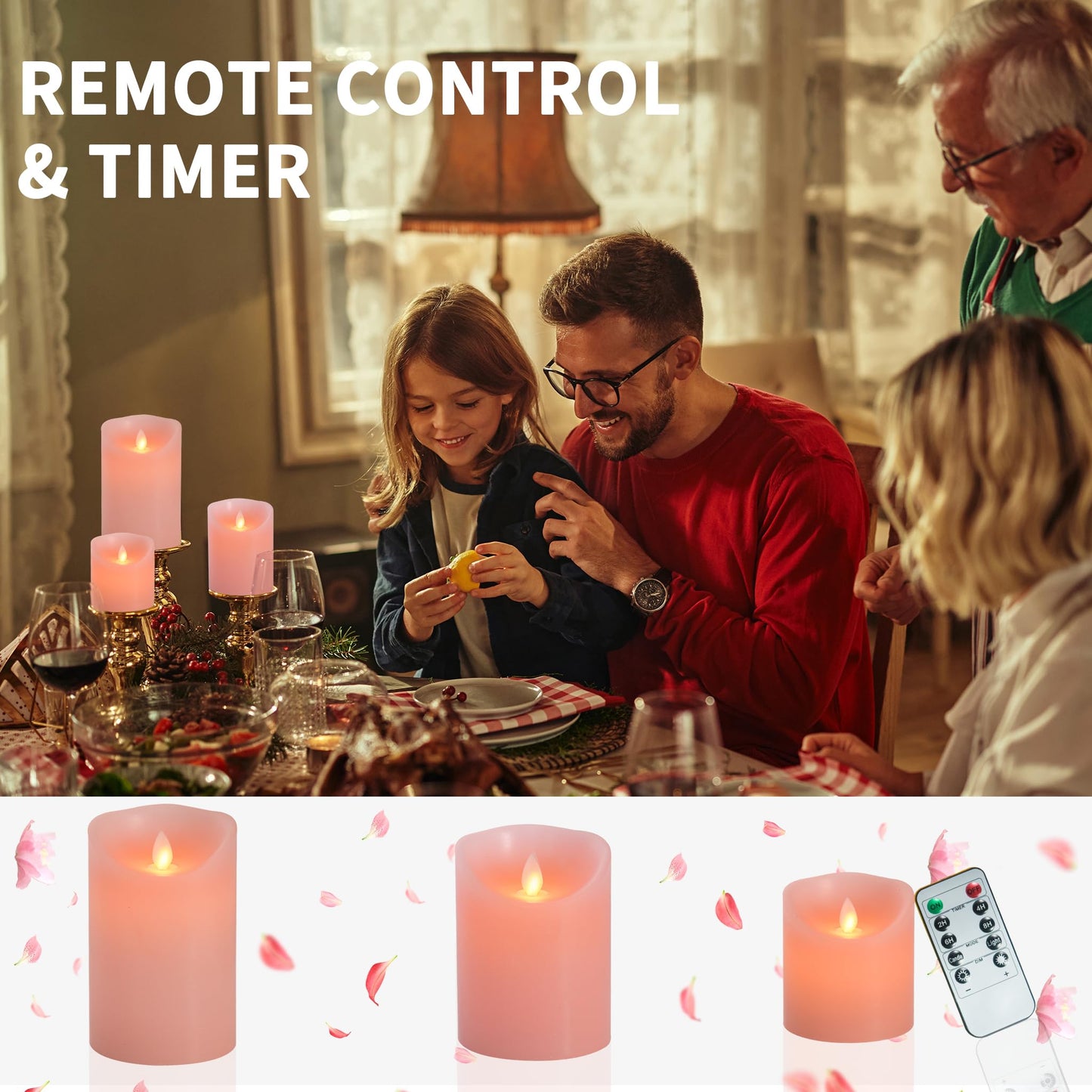 Flameless LED Battery Operated Flickering Candles: 4" 5" 6" Set of 3 Pink Real Wax Pillar Dancing Flame 10-Key Remote Control Candle Lights 300Hours