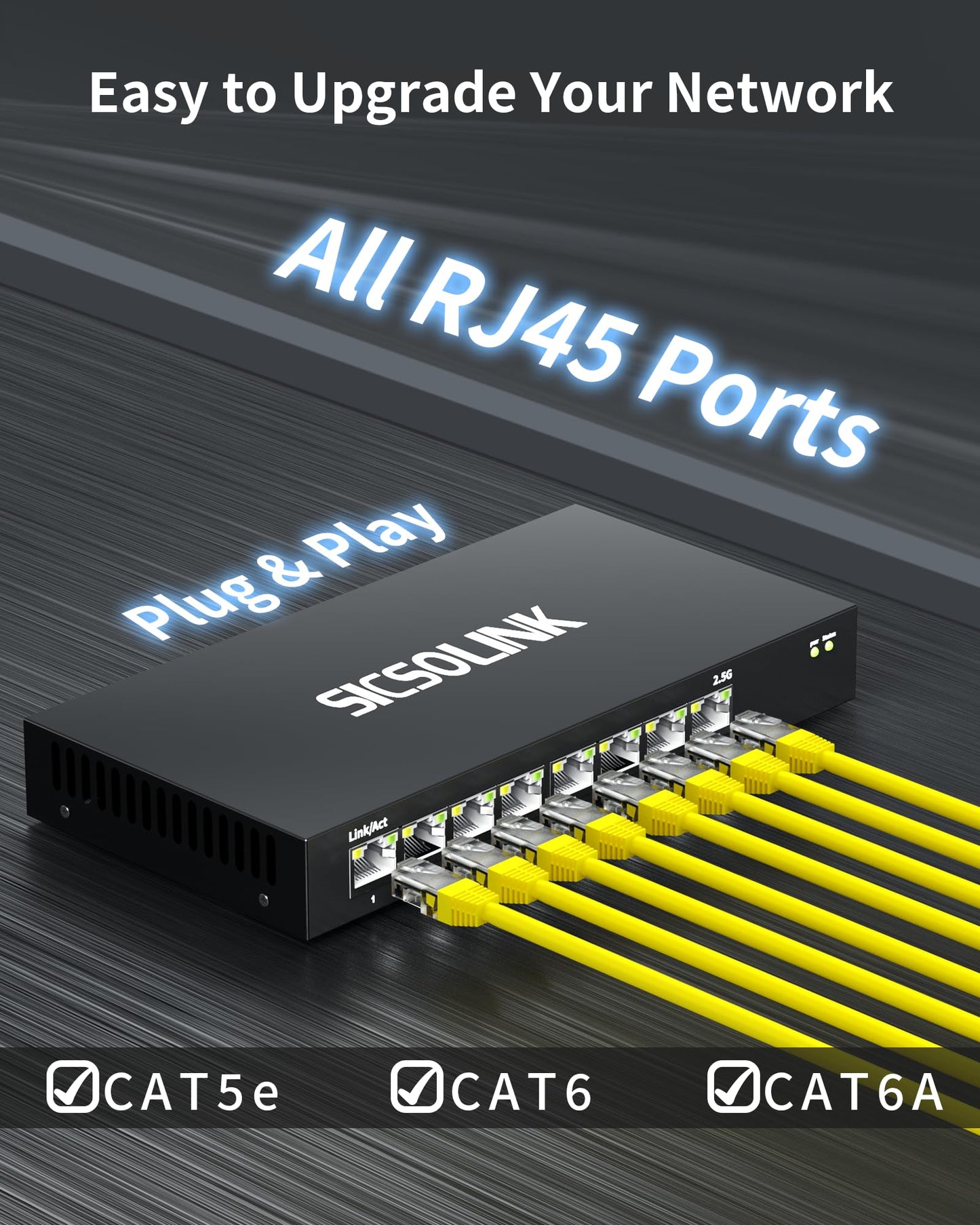2.5Gb PoE+ Switch 10-Port Unmanaged with 8*2.5G Base-T PoE+ Ports, 2*10G SFP+ , IEEE802.3af/at , 80Gbps Switching Capacity, Metal, 2.5Gbe PoE Switch
