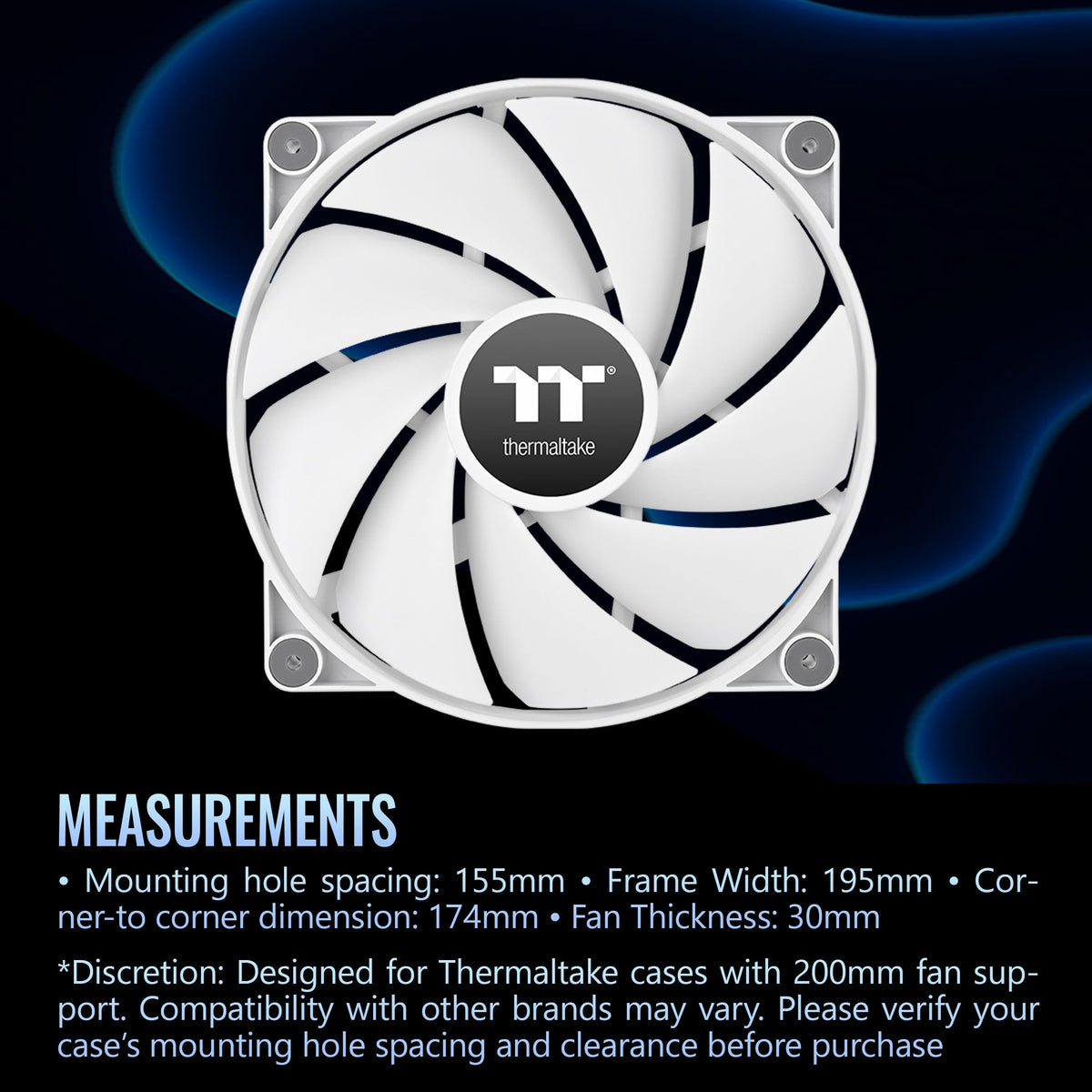 Thermaltake CT200 PWM Fan Single Pack, PWM Controlled 500~900 RPM, Airflow 131.6 CFM, Hydraulic Bearing, Case Fan, 200mm x 200mm x 30mm, White
