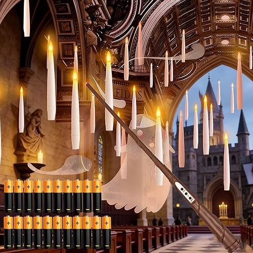 Halloween Decoration, Floating Candles with Wand, 20PCs Magic Hanging Candles with 21 AAA Battery, Flickering Warm Light Flameless LED Candle, Window