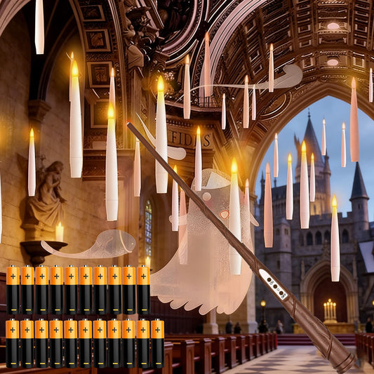 Halloween Decoration, Floating Candles with Wand, 20PCs Magic Hanging Candles with 21 AAA Battery, Flickering Warm Light Flameless LED Candle, Window