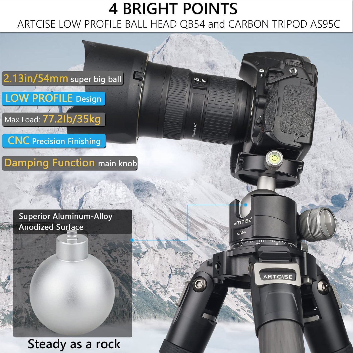 Low Profile Ball Head Unique 54mm Ball 360 Panoramic Tripod Head CNC Aluminium Alloy Metal Ball-Head Arca Swiss Quick Release Plate Max Loading