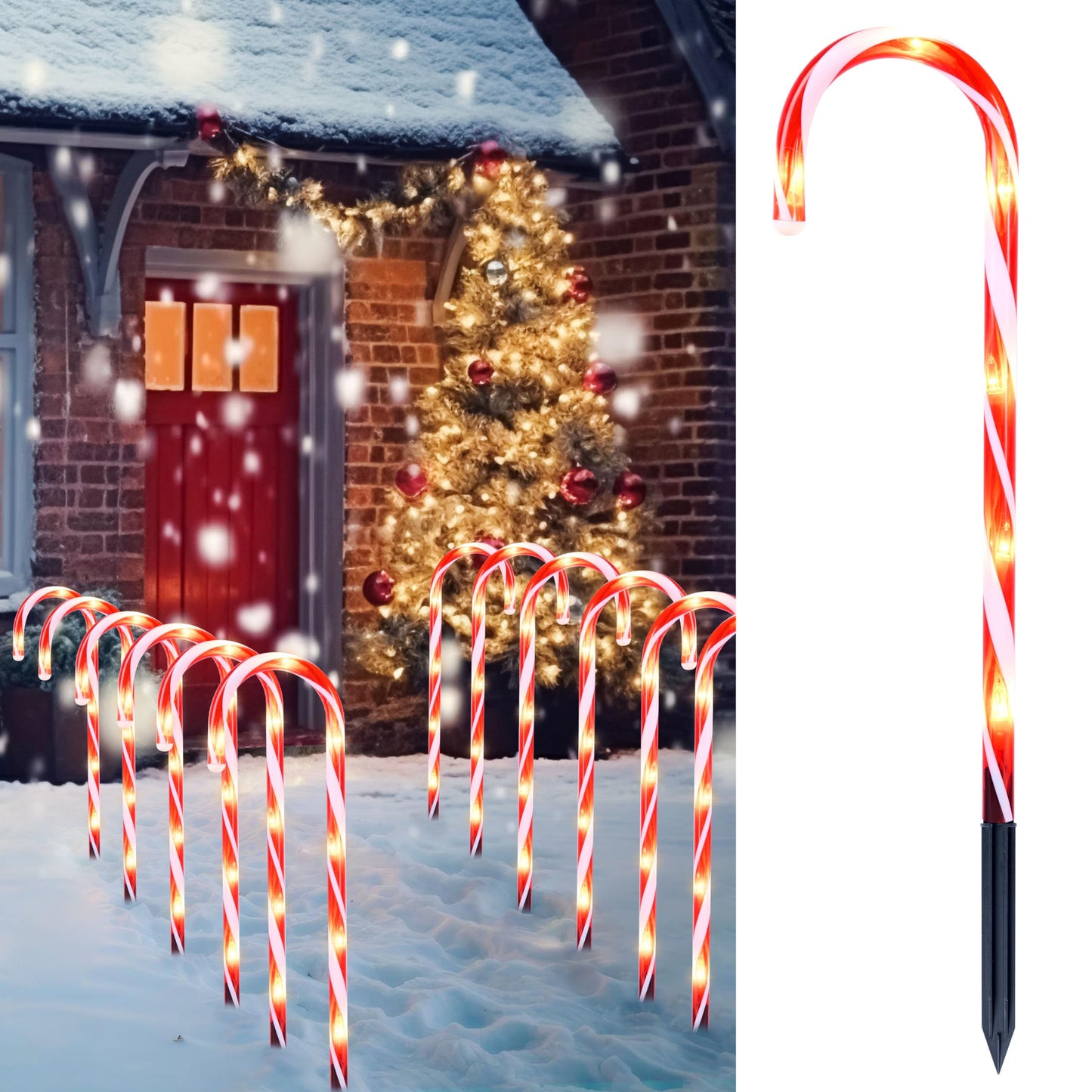 Joiedomi 12 Pcs Christmas Candy Cane Pathway Markers Lights, 16” Stakes Lights with Warm White, Waterproof Outdoor Decorations for Xmas Indoor