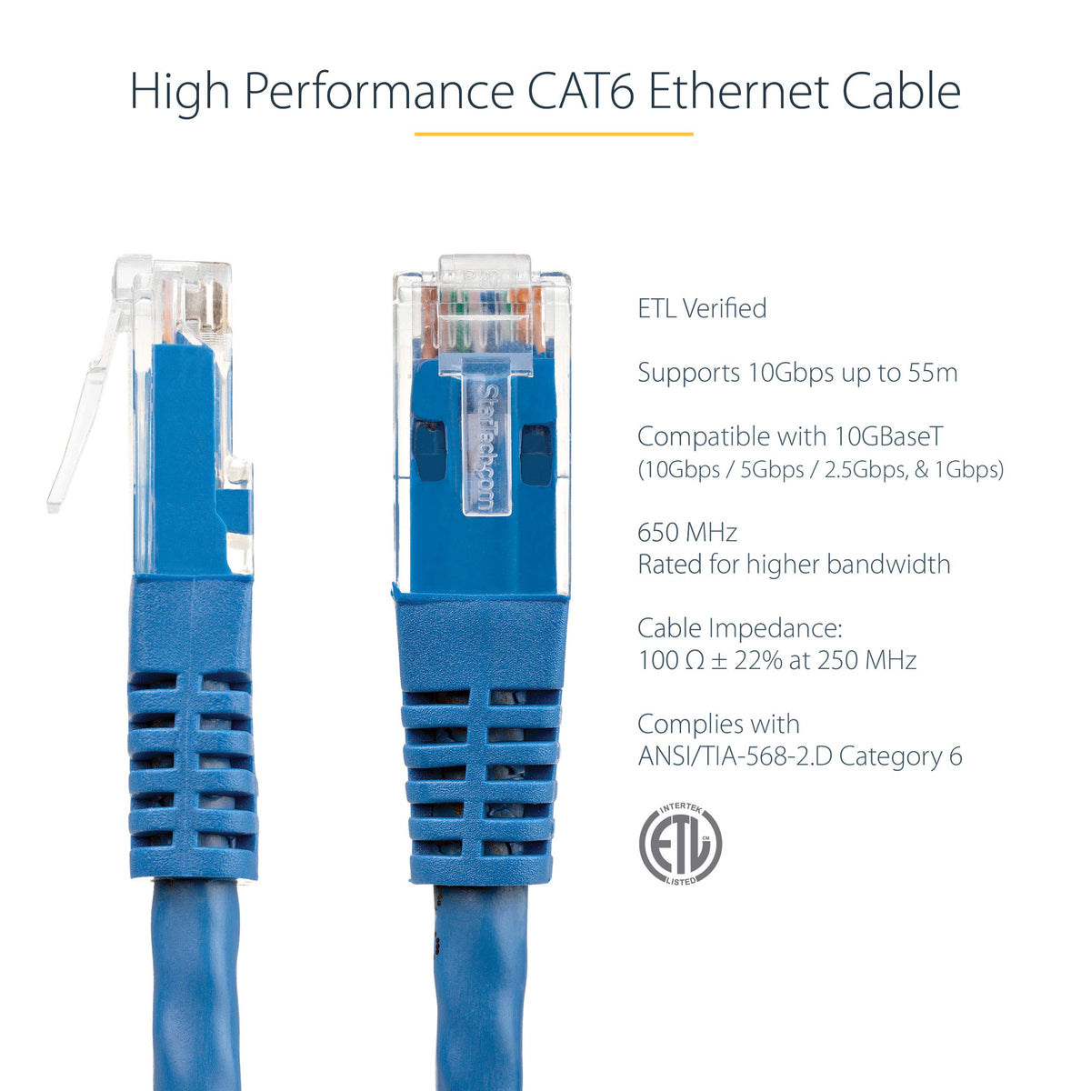 StarTech 75ft CAT6 Ethernet Cable - Blue CAT 6 Gigabit Ethernet Wire -250Mhz 100W PoE RJ45 UTP Molded Network Patch Cord with Strain Relief
