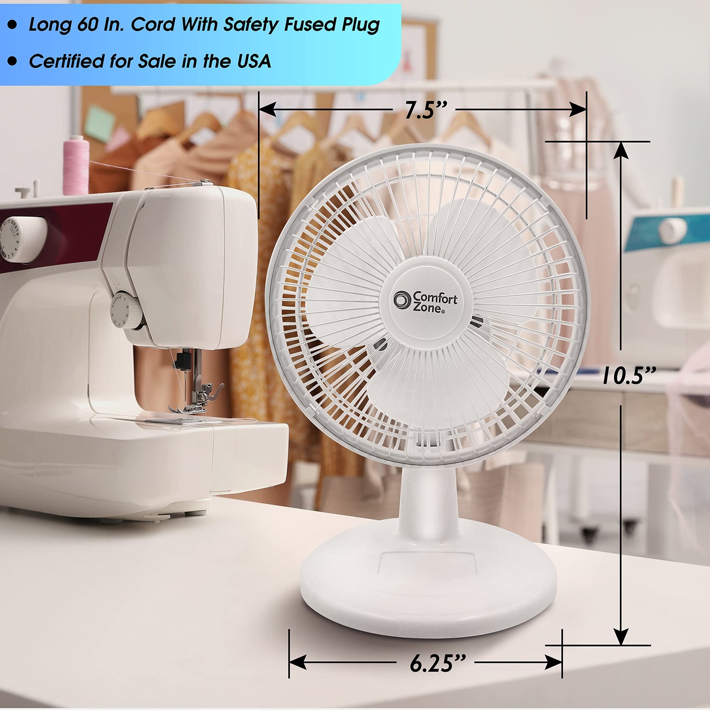 Comfort Zone CZ6D 6" Quiet Portable Indoor 2-Speed Desk Fan with Clip and Fully Adjustable Tilt in White