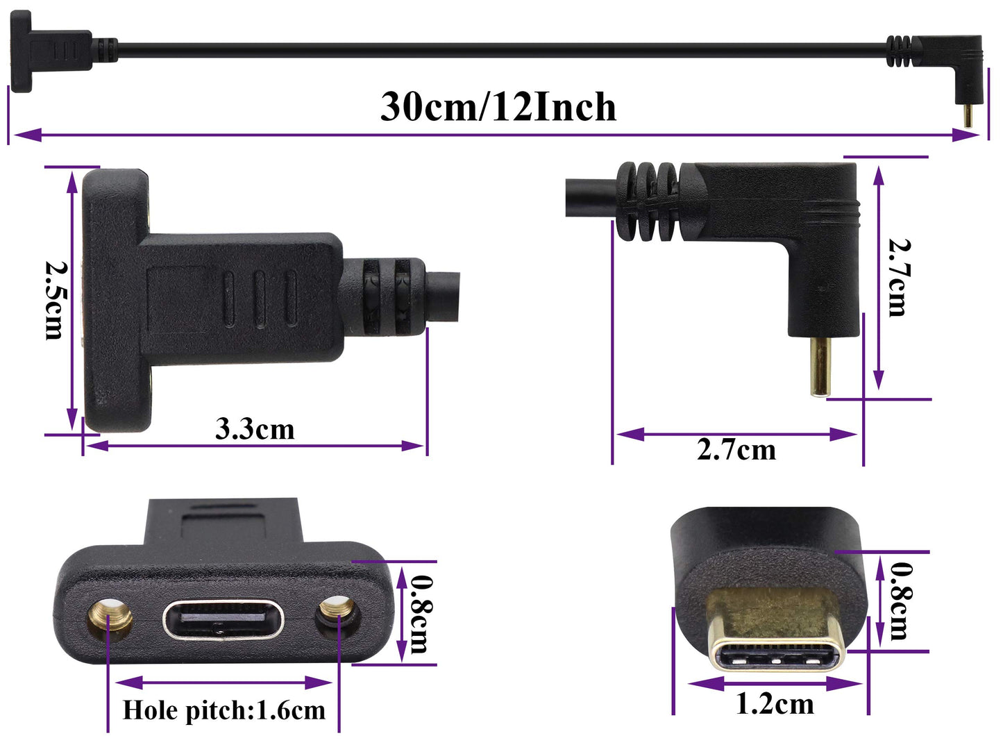 AAOTOKK Up&Down Angle 3.1Type C Gen 2 Cable (3A) 90 Degree USB 3.1 Type C Male to Female Panel Mount Screw Cable, Supports Charging,Data,Audio,Video