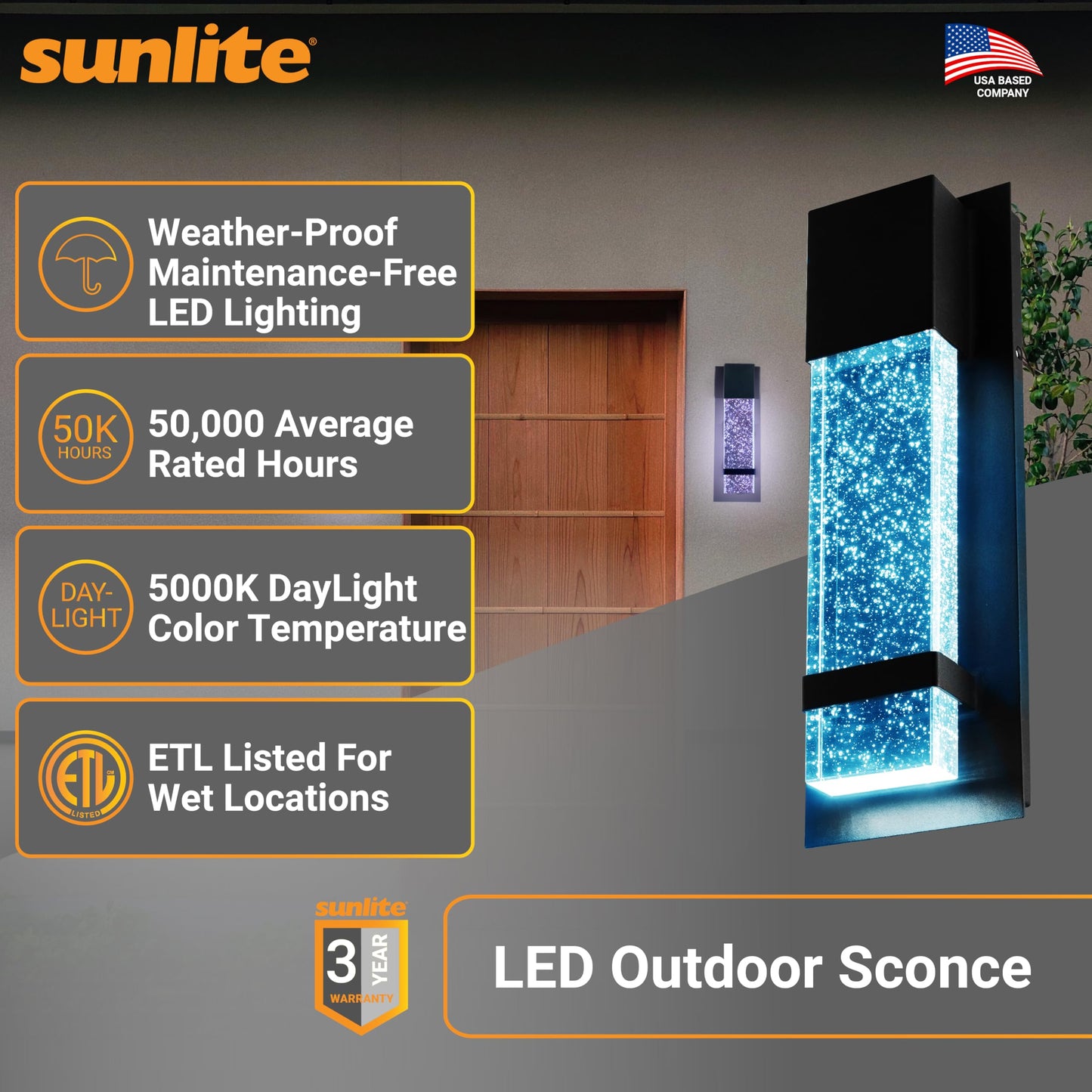 Sunlite LED Wall Sconce, Black Metal Frame with Raindrop Effect Glass Panel, 4.75" Wide, 5000K Daylight, Indoor & Outdoor, ADA Compliant