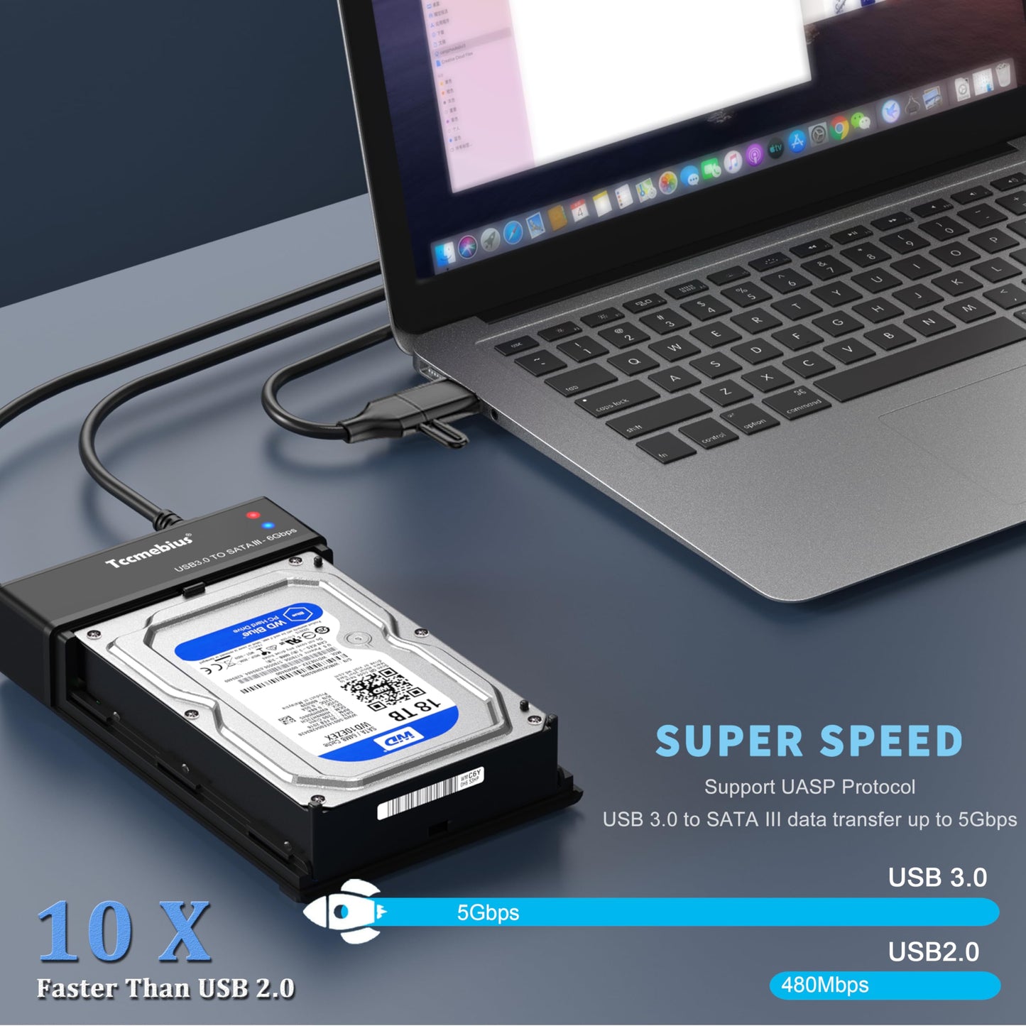 Tccmebius External Hard Drive Enclosure USB 3.0 Docking Station for 2.5 3.5 Inch SATA HDD SSD Up to 22TB, with 12V/3A Power Supply, USB A/C Cable
