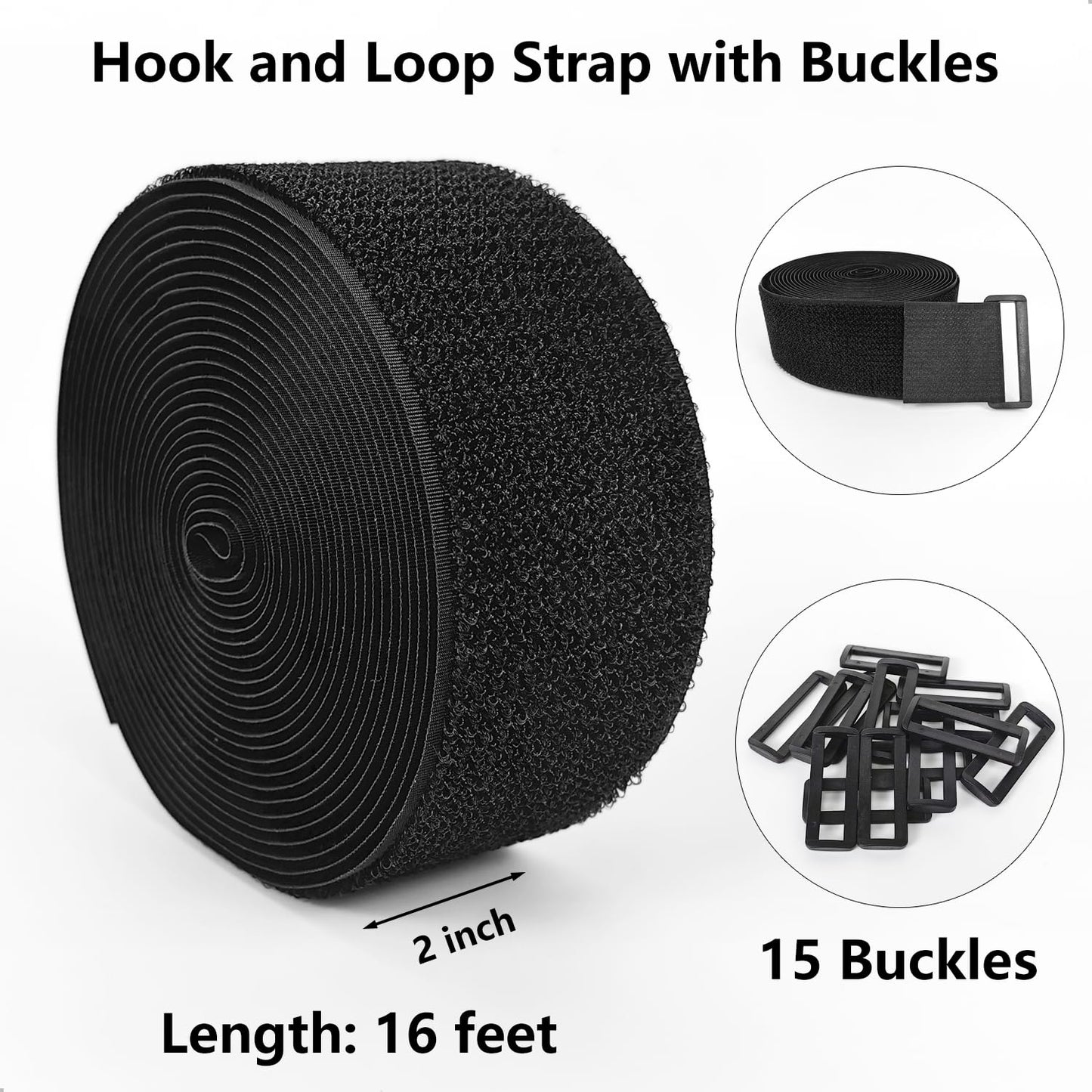Hook and Loop Straps, 2'' x 16', Fastening Cinch Straps with 15 Buckles, Cut to Length, Heavy Duty, Reusable Cable Straps, Cord Straps, 16 Feet Long