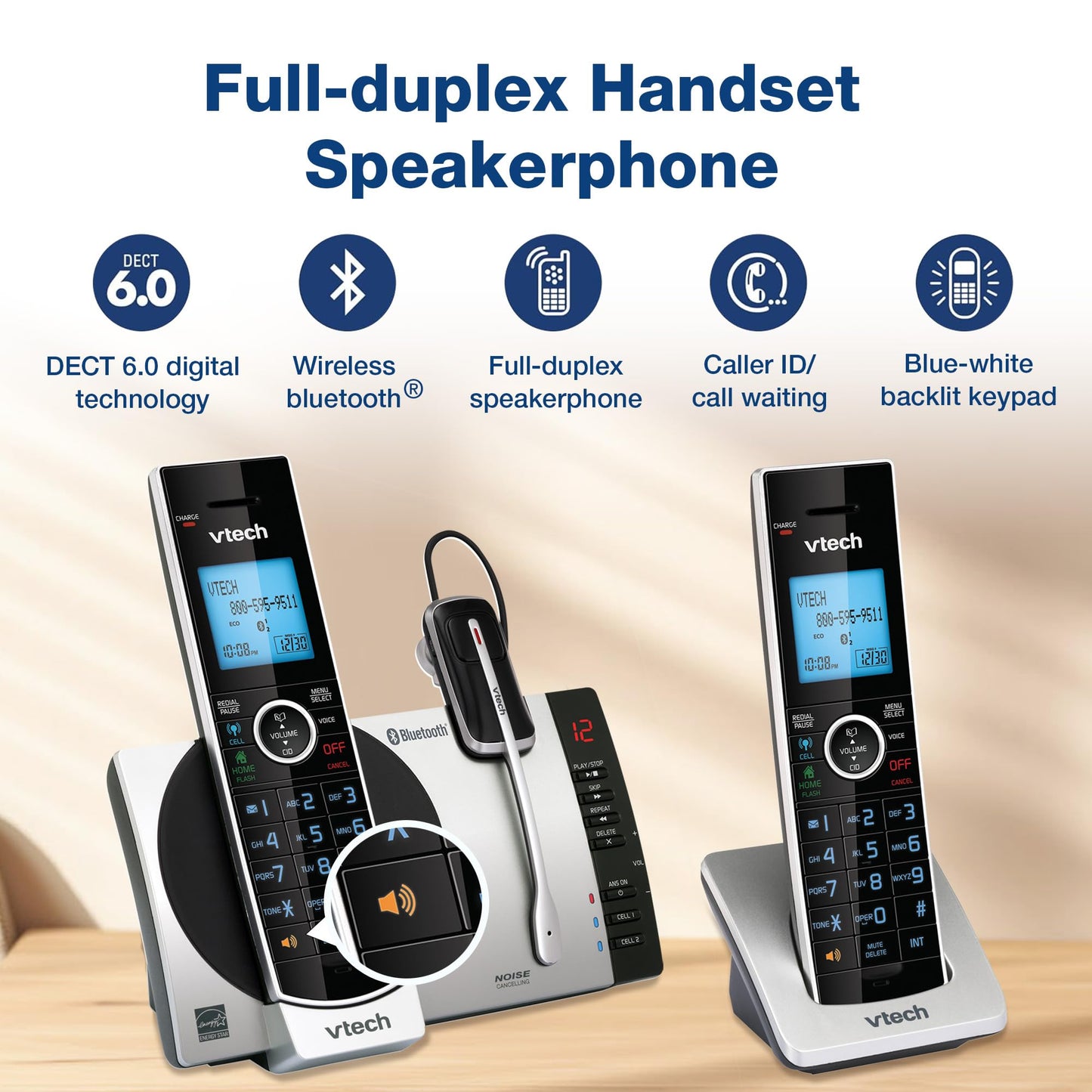 VTech DS6771-3 Connect to Cell, Cordless Phone with Answering Machine, DECT 6.0 Headset+2 Handset Intercom, Bluetooth, Caller ID/Call Waiting